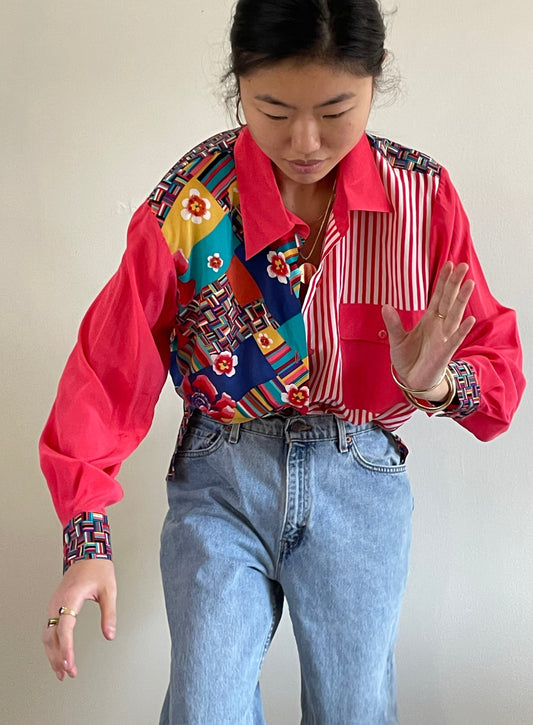 vintage 100% silk color block blouse | washed oversized silk pocket shirt | L