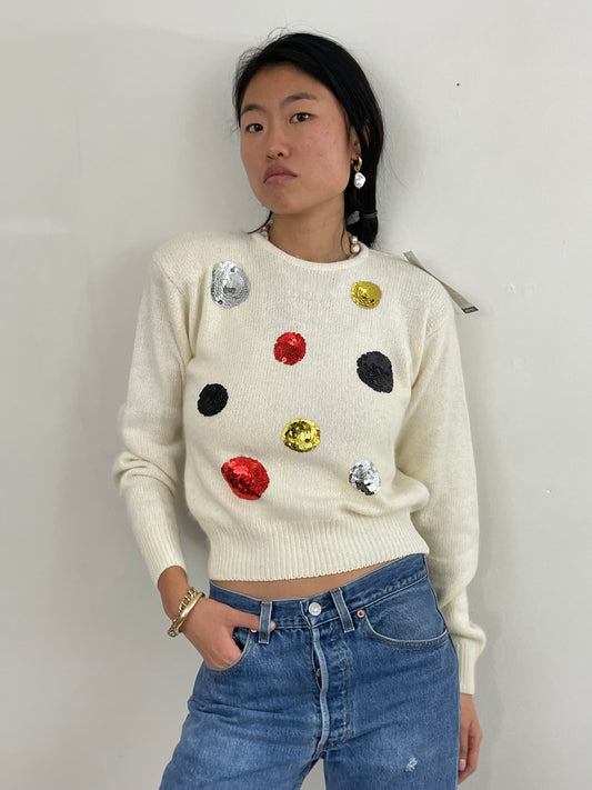 Vintage 90s White Sequins Disco Ball Silk Angora NWT Sweater Med