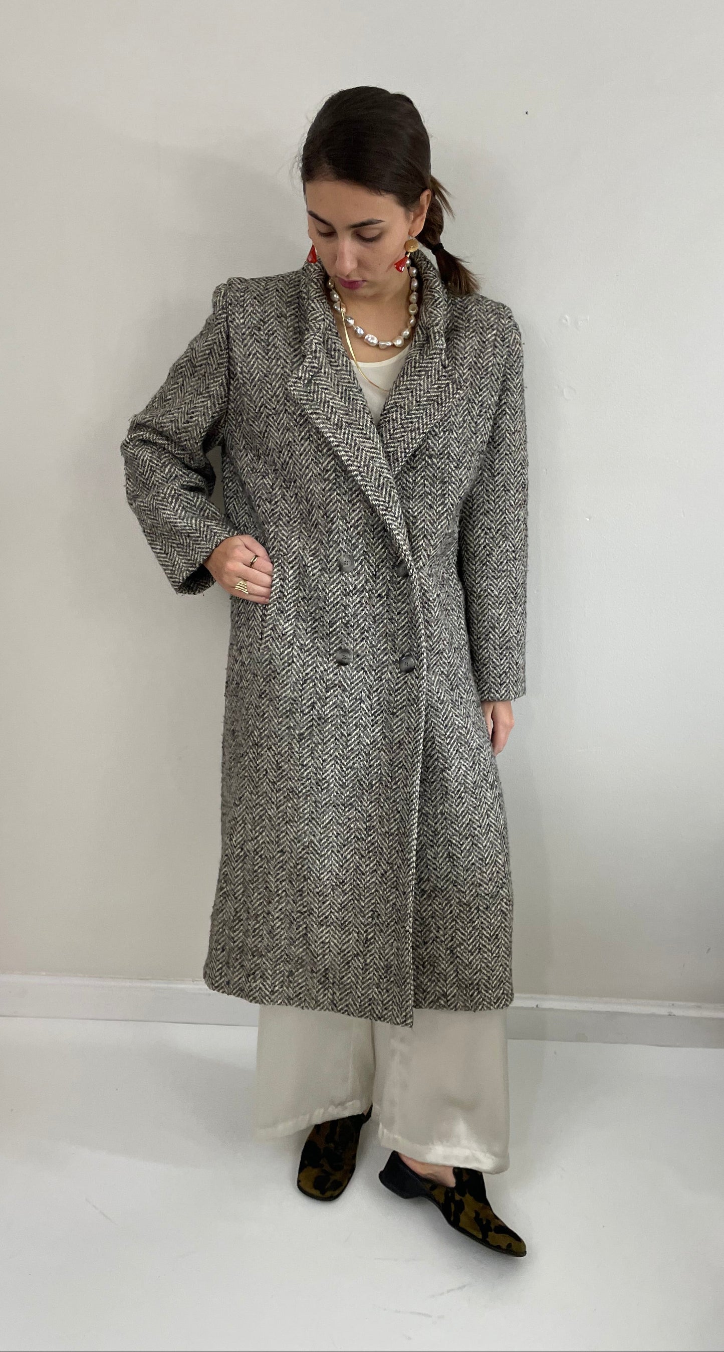 Vintage 90s Long Herringbone Tweed Double Breasted Overcoat Winter