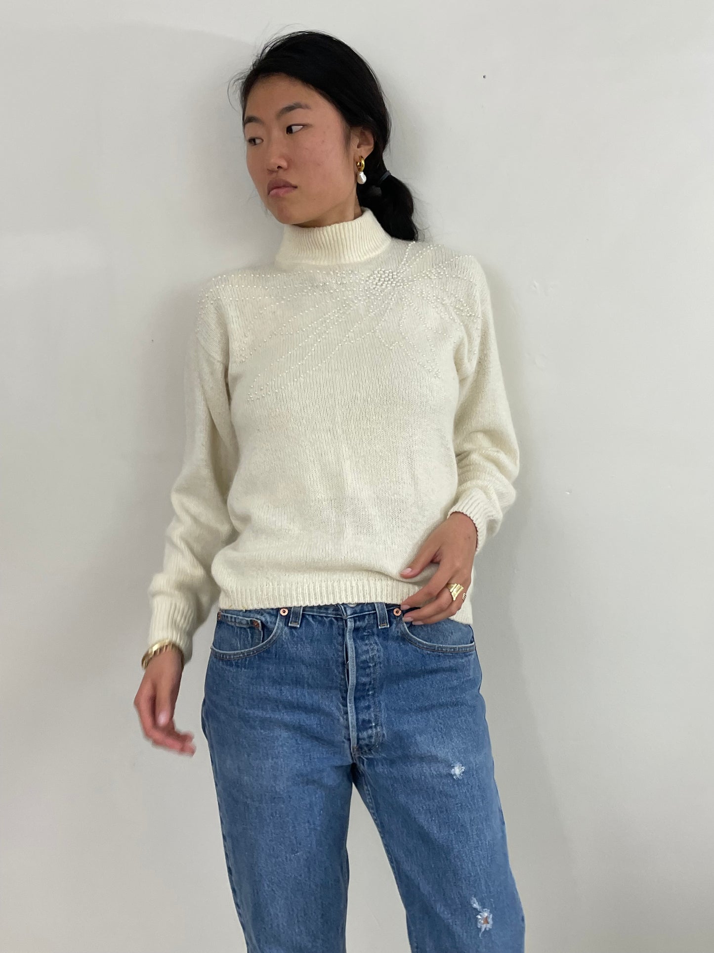 Vintage 90s Beaded Silk Angora Mockneck White Sweater Med