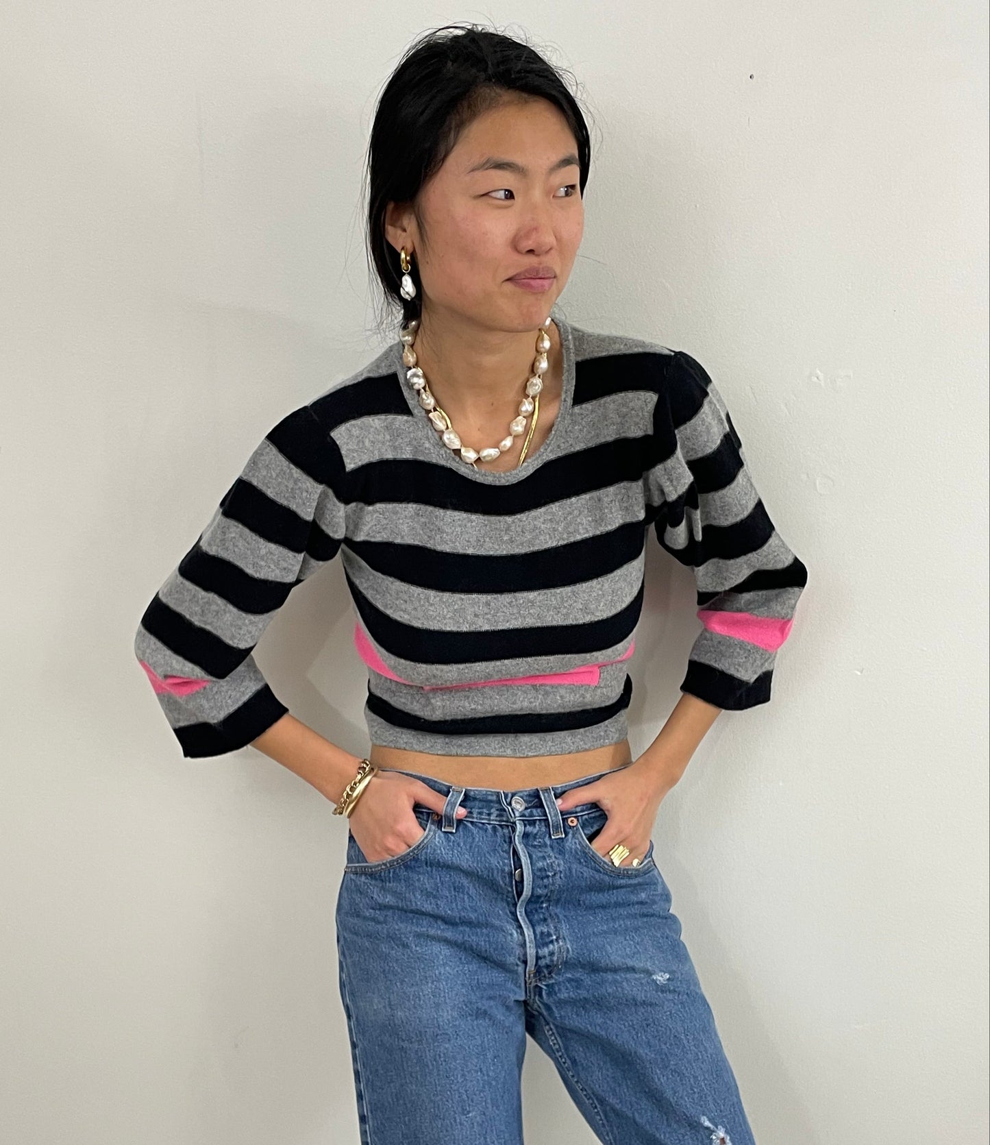 Vintage 80s Sonia Rykiel Striped Lambswool Cropped Sweater Italy