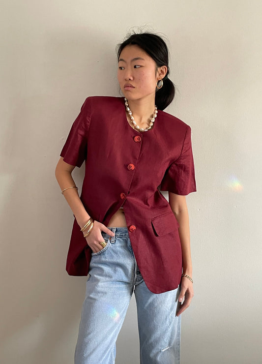 vintage oxblood burgundy linen short sleeve long line blazer Medium