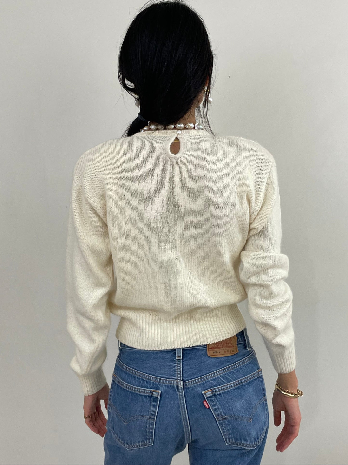 Vintage 90s White Sequins Disco Ball Silk Angora NWT Sweater Med