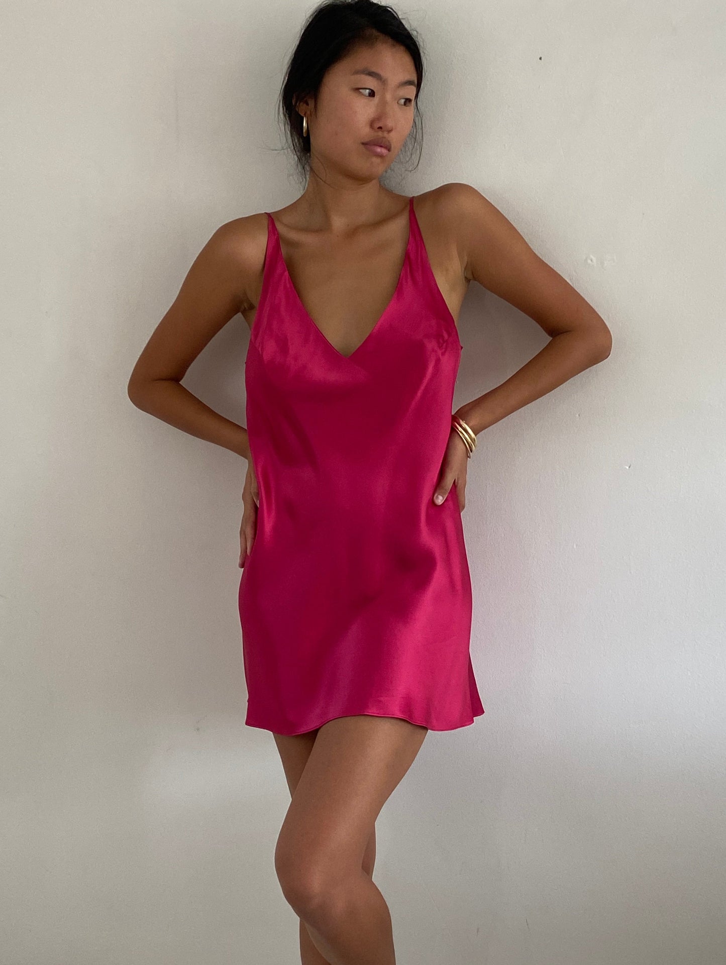 vintage 90s 100% silk charmeuse cerise red mini slip dress lingerie  M