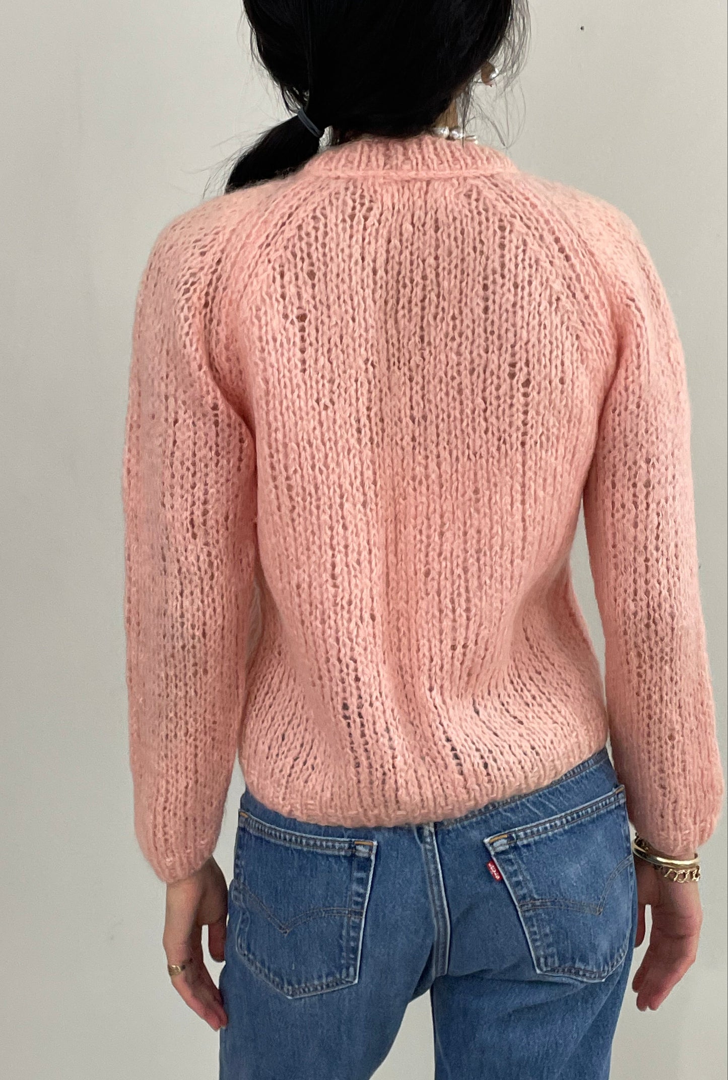 Vintage 60s Hand Knit Baby Pink Mohair Cropped Sweater M