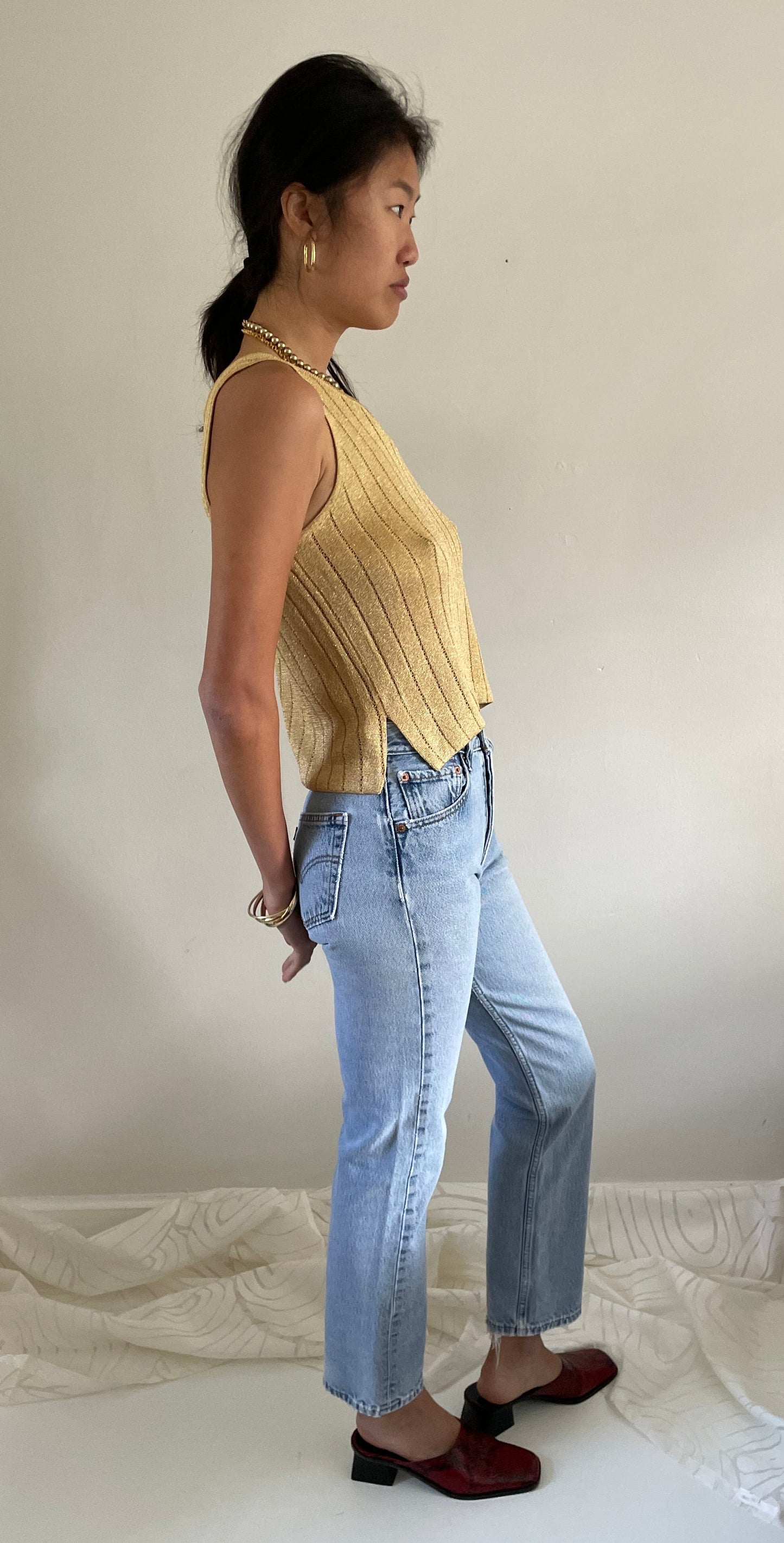 Vintage St John gold pointelle knit sleeveless sweater tank shell