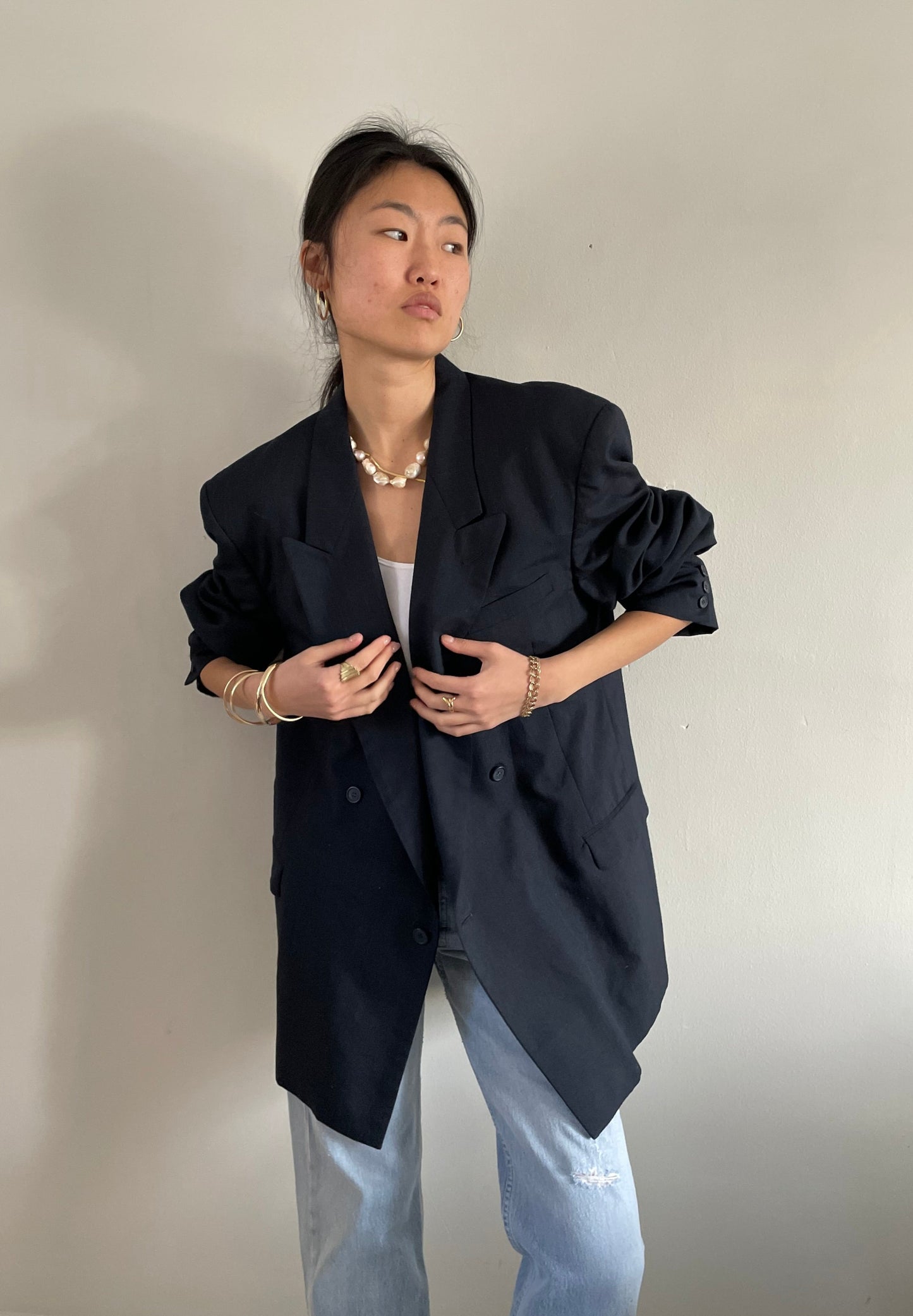 vintage oversized double breasted peaked lapel midnight navy blue menswear boyfriend blazer