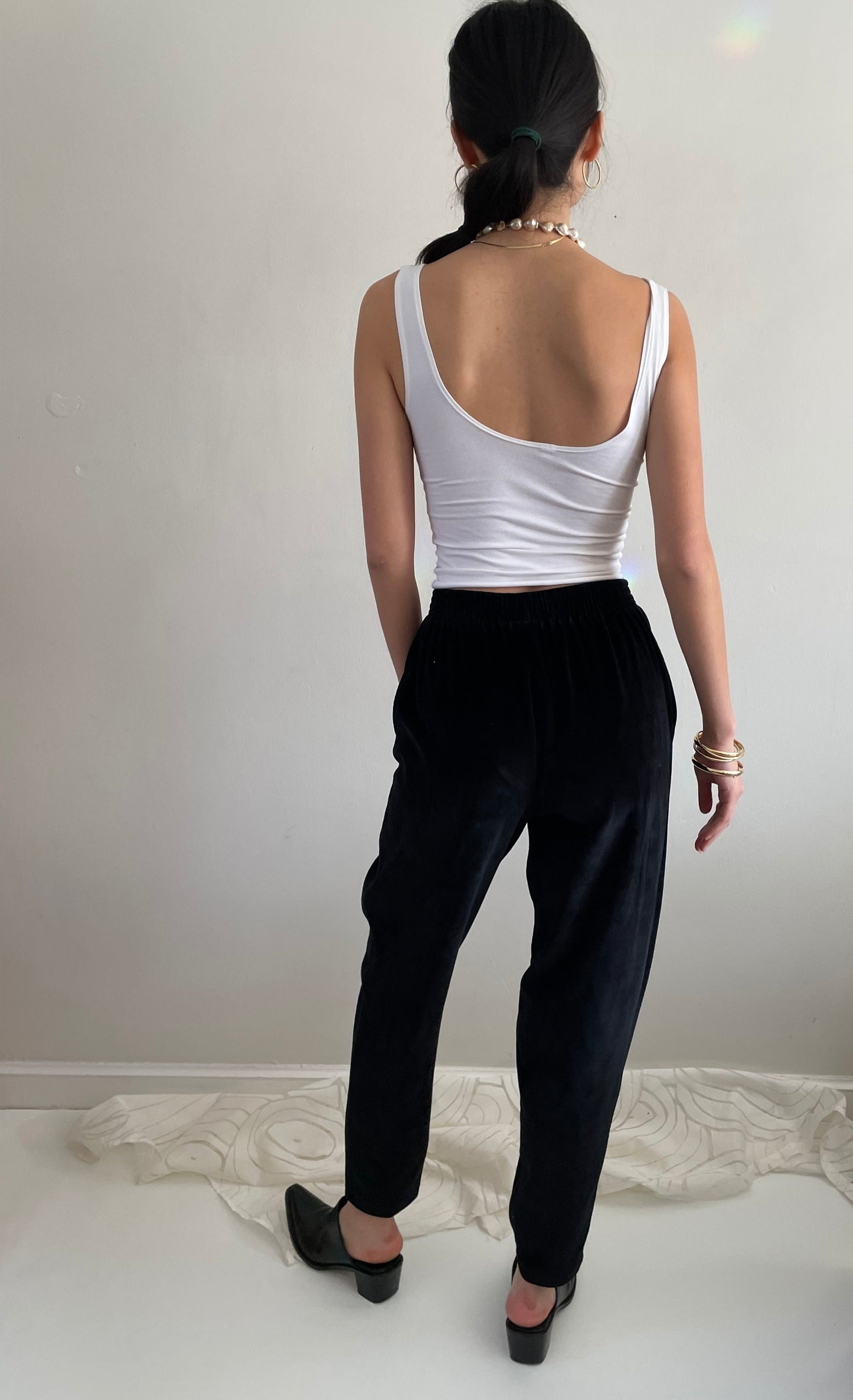 vintage 90s black velour elastic waist stretch velvet jogger pants