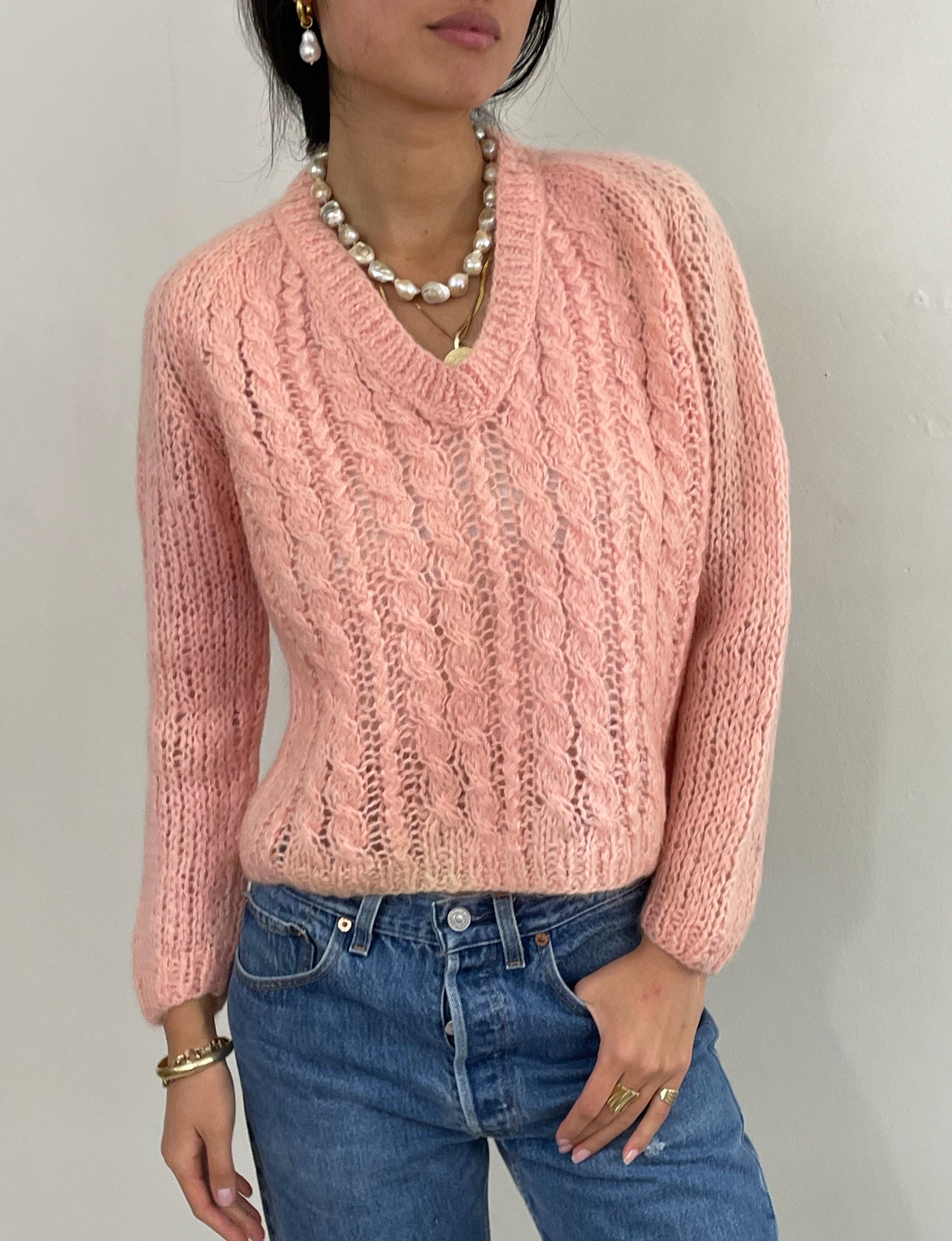 Vintage 60s Hand Knit Baby Pink Mohair Cropped Sweater M