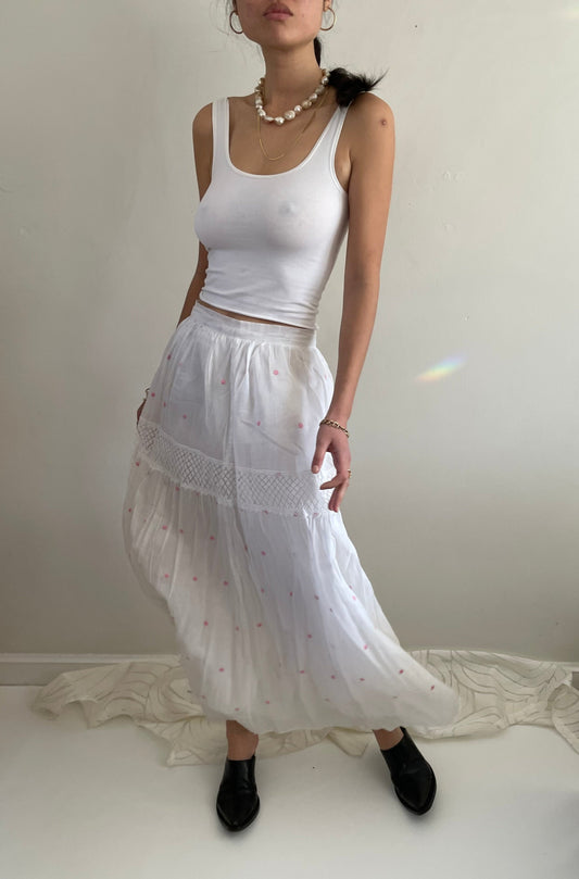 vintage white sheer cotton organza embroidered polka dot gathered maxi skirt | waist 29