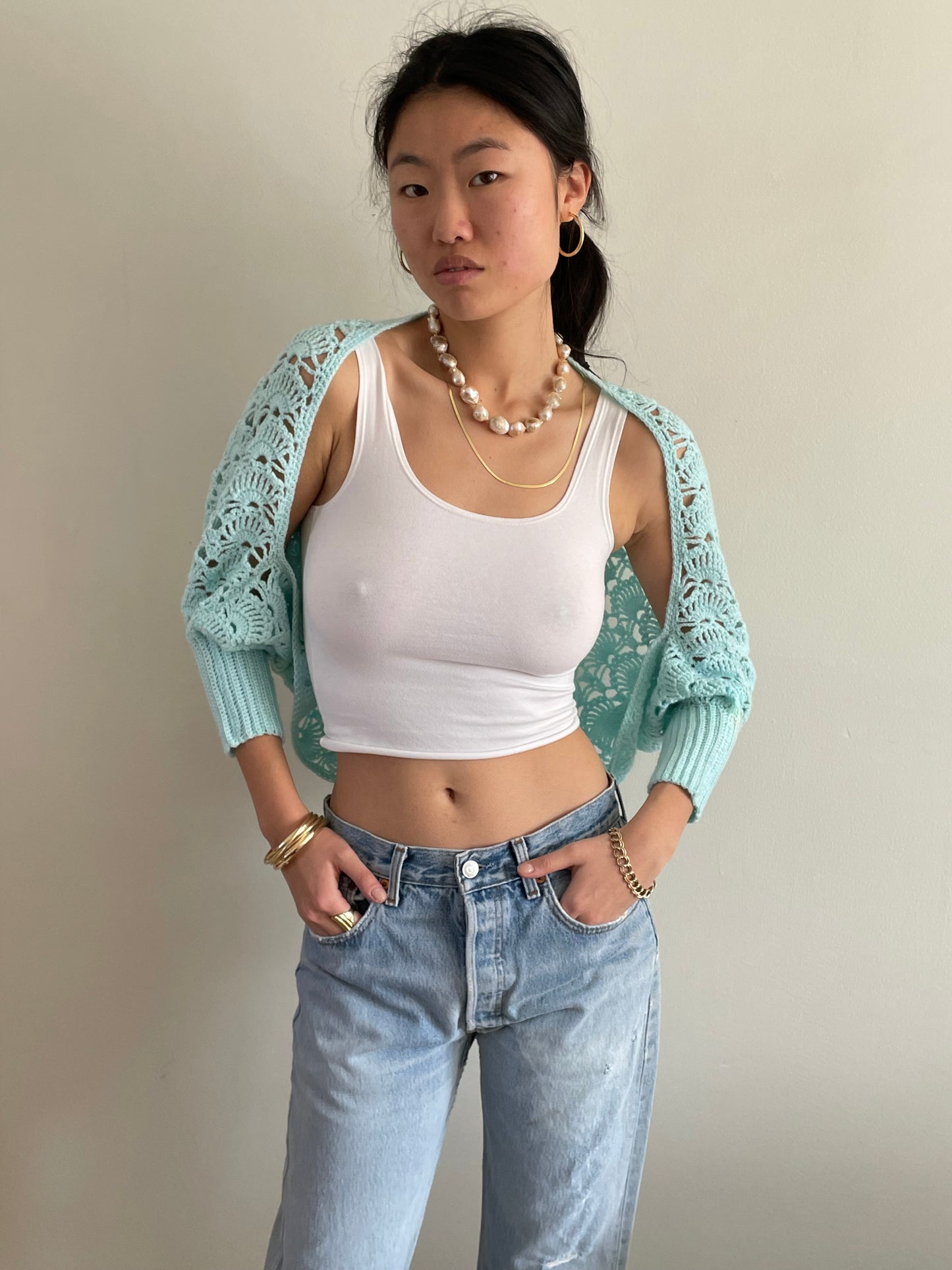 vintage aqua seafoam hand crochet cropped sweater shrug