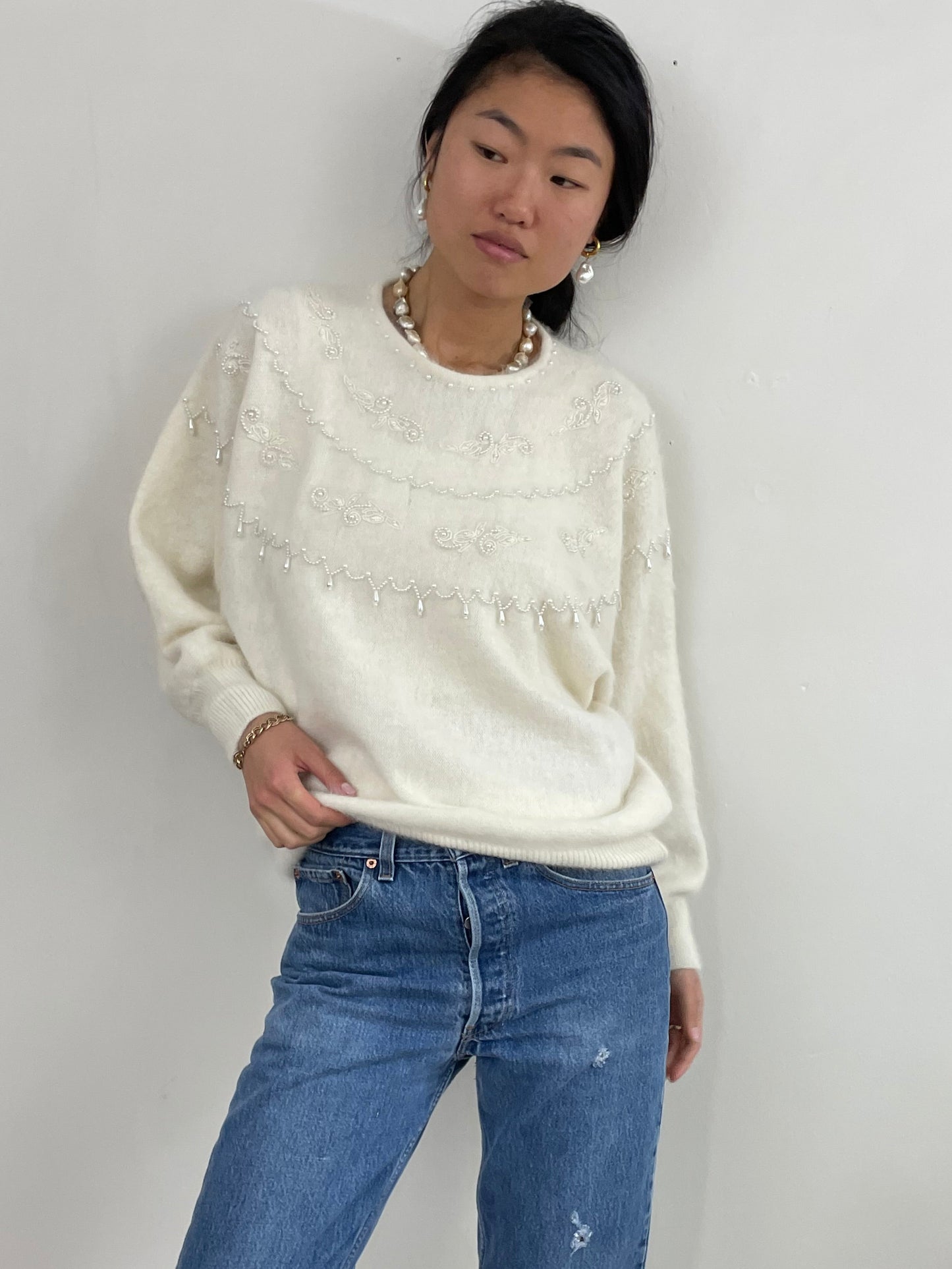 Vintage 90s Angora Beaded White Batwing Sweater Tunic Large