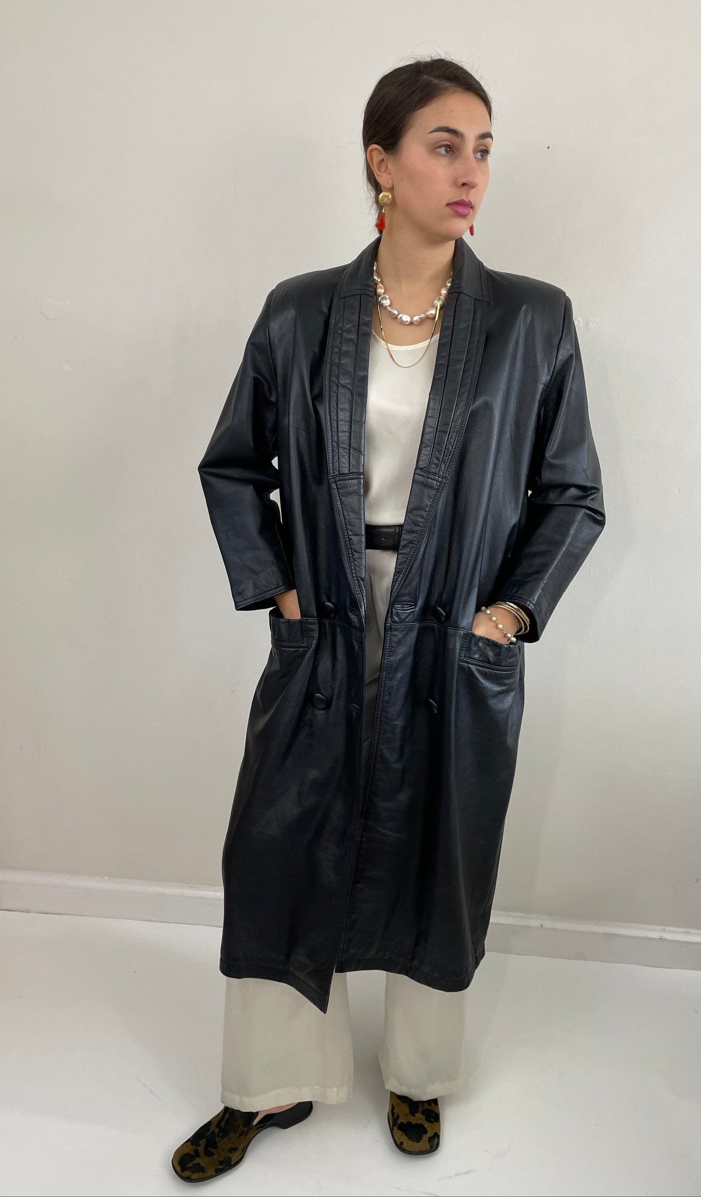 Vintage 90s Leather Trench Black Double Breasted Jacket