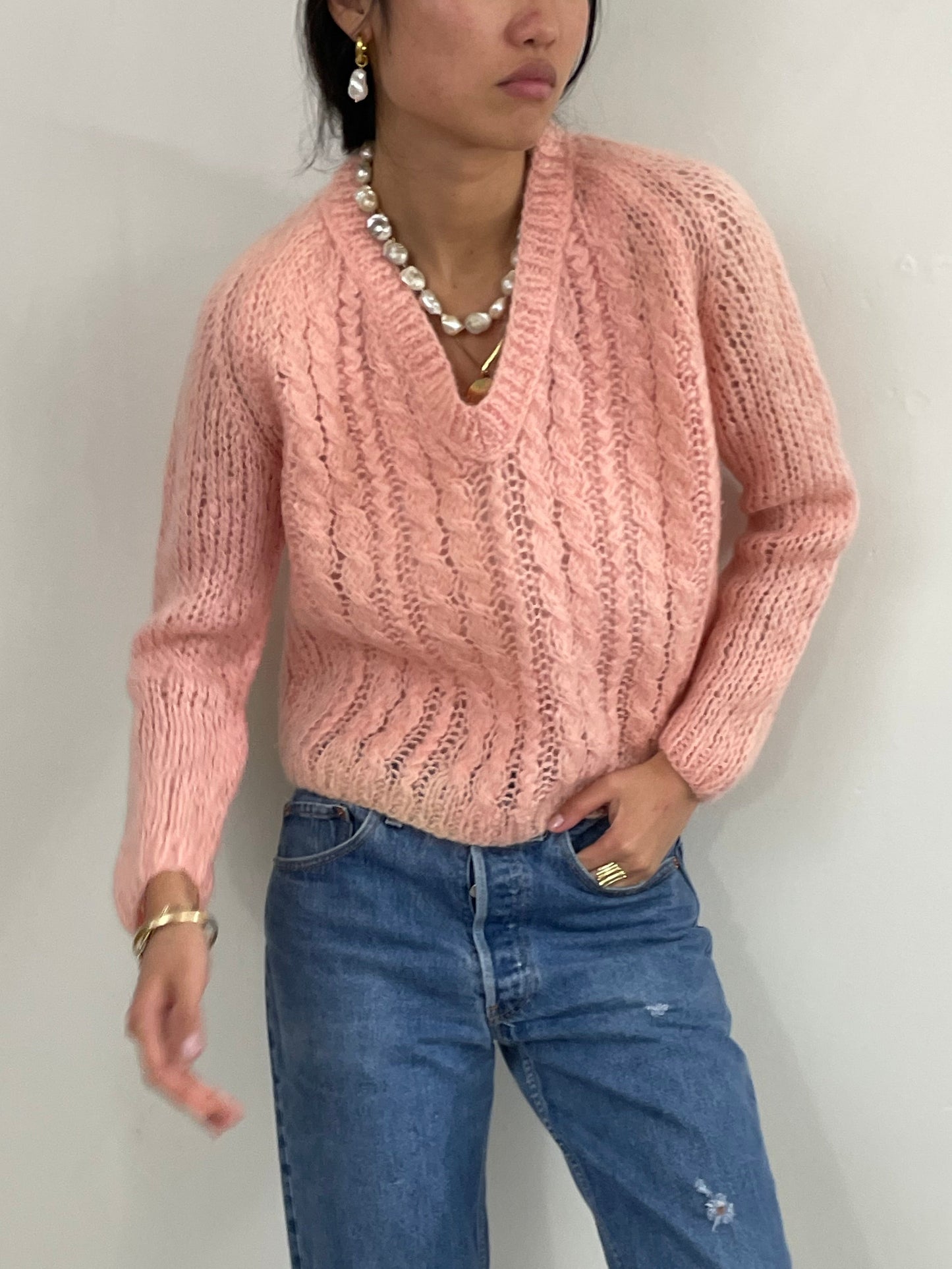 Vintage 60s Hand Knit Baby Pink Mohair Cropped Sweater M