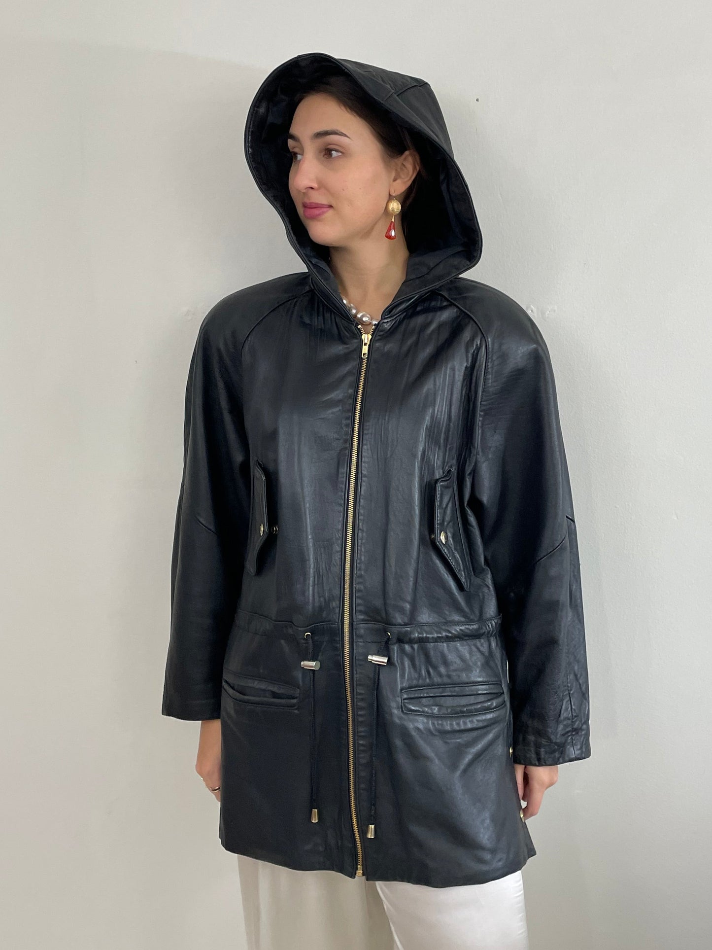 Vintage 90s Black Leather Jacket: Hooded Raglan Sleeve Zip Front Coat Medium