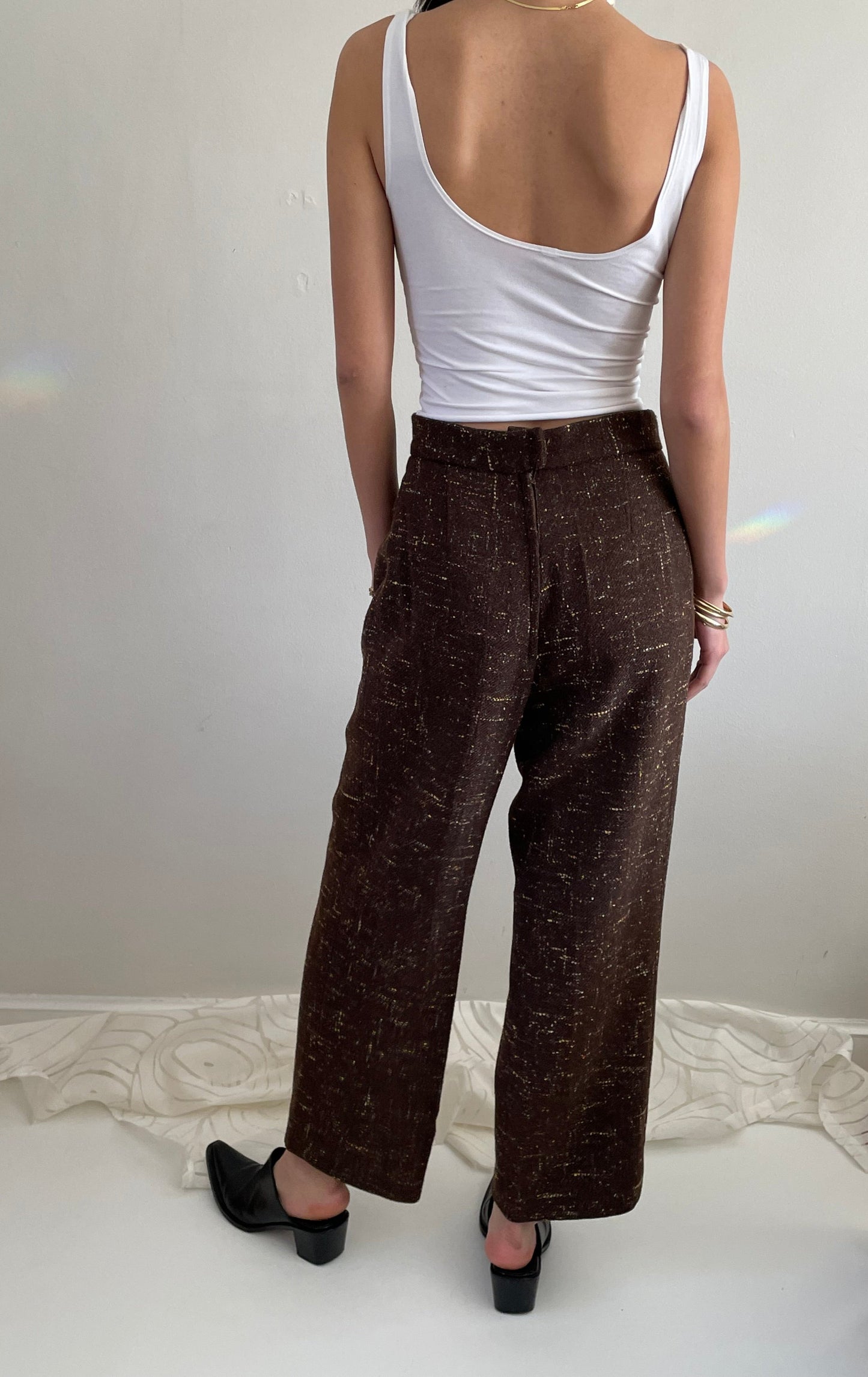 Vintage 90s Tweed Wide Leg Pleated Pants | Brown Wool Speckled Pants size 28 Waist