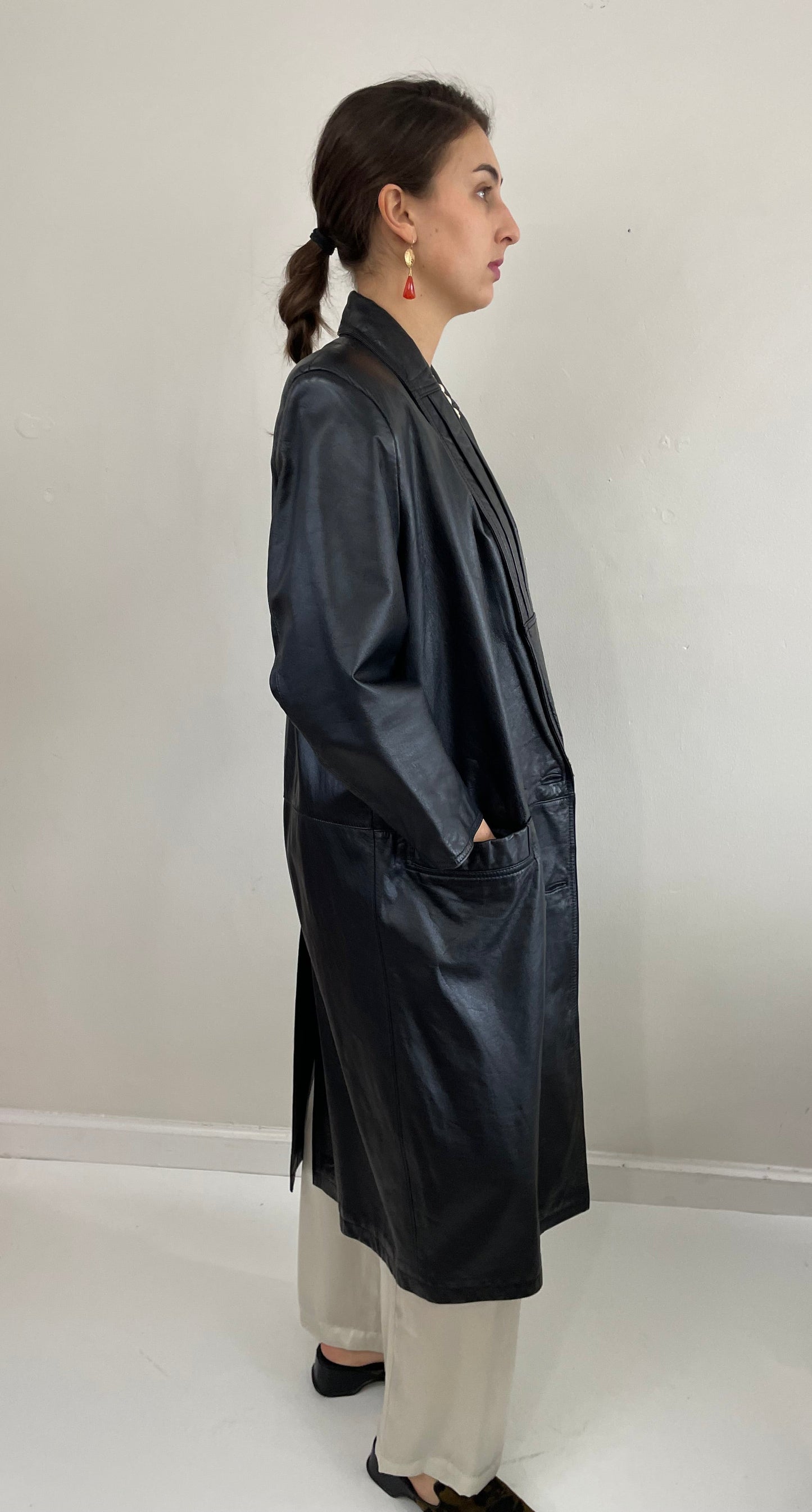 Vintage 90s Leather Trench Black Double Breasted Jacket