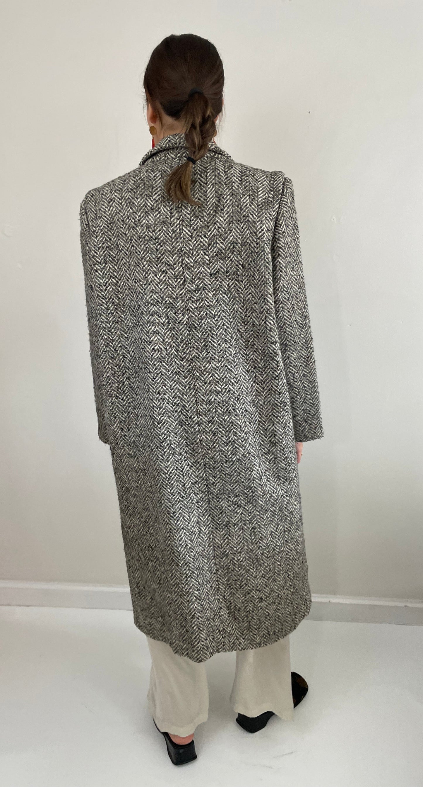 Vintage 90s Long Herringbone Tweed Double Breasted Overcoat Winter