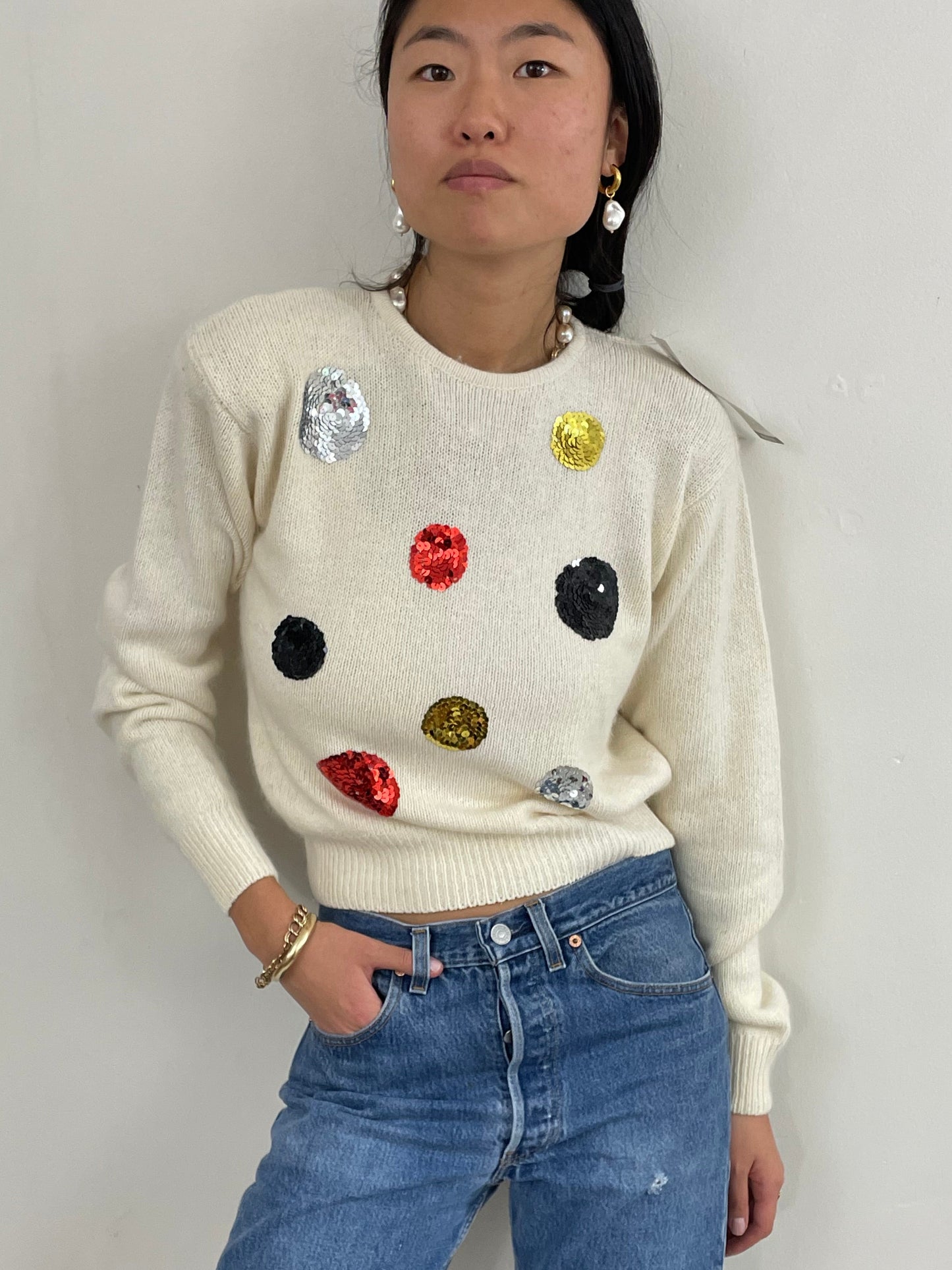 Vintage 90s White Sequins Disco Ball Silk Angora NWT Sweater Med
