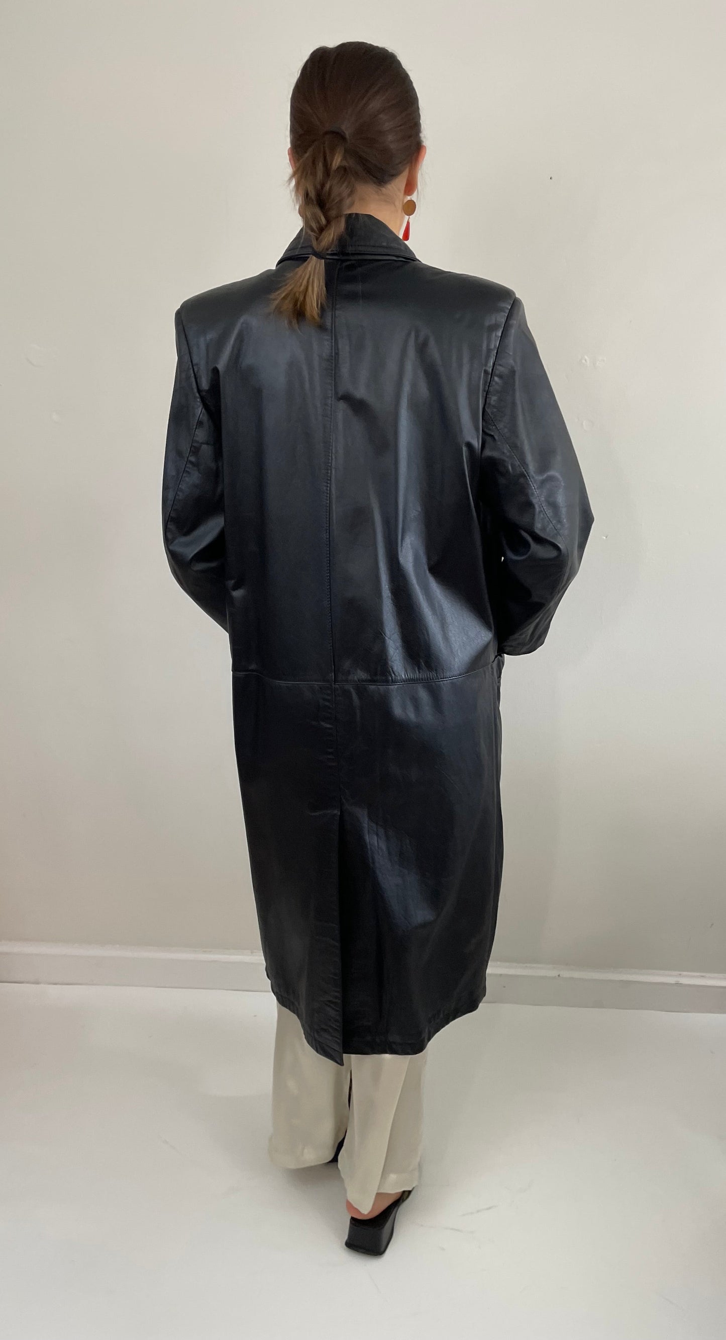 Vintage 90s Leather Trench Black Double Breasted Jacket