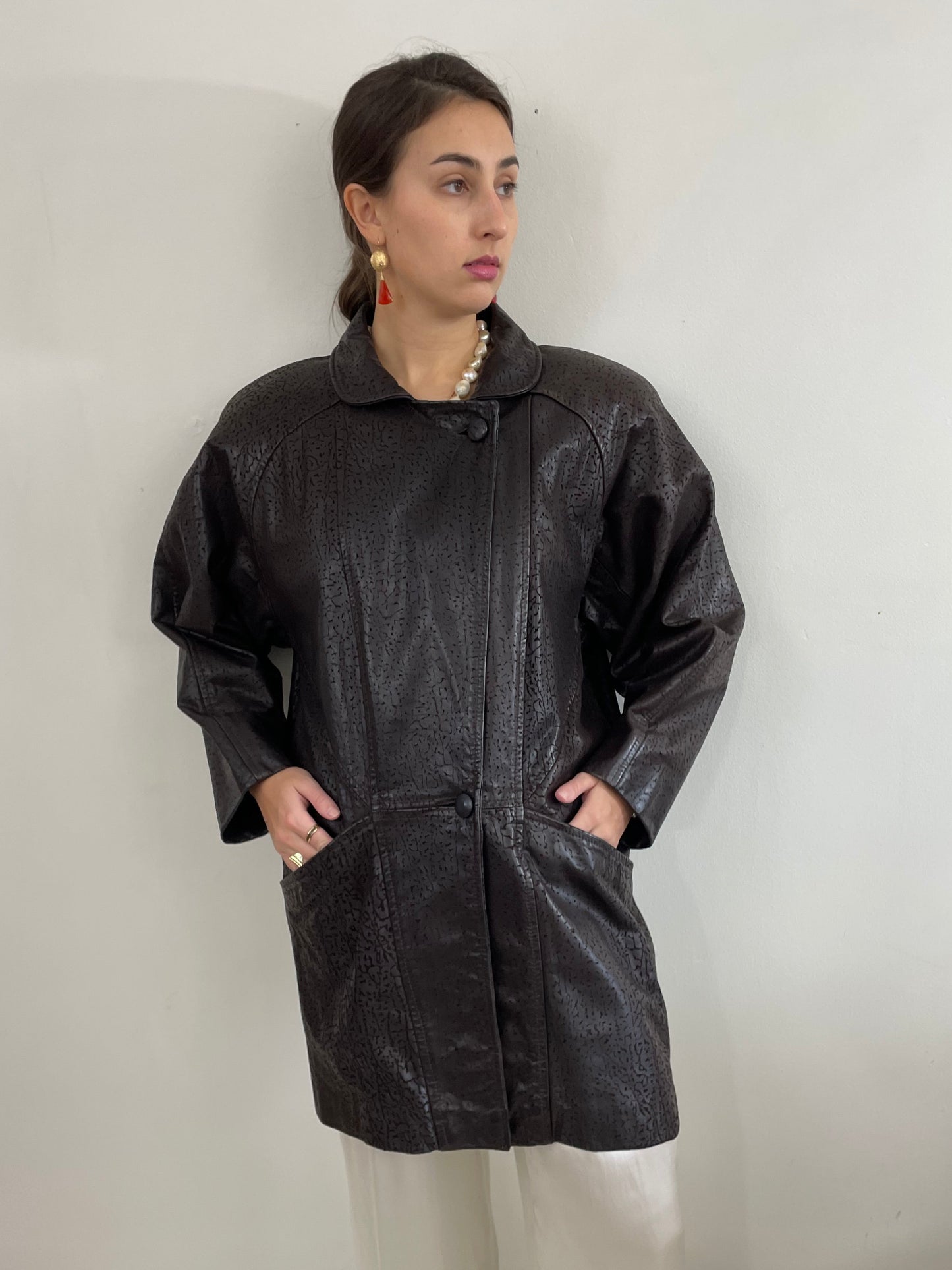 90s Embossed Leather Slouchy Brown Coat Jacket | Medium