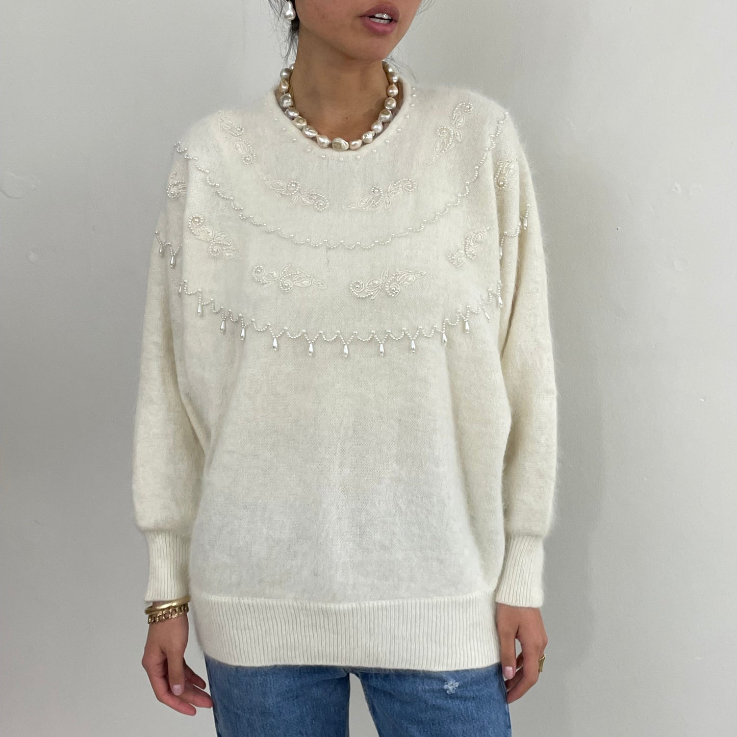 Vintage 90s Angora Beaded White Batwing Sweater Tunic Large
