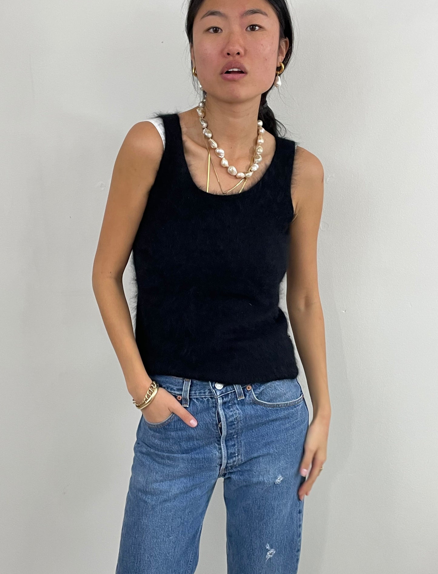 Vintage Angora Fuzzy Black Sleeveless Sweater Tank XS