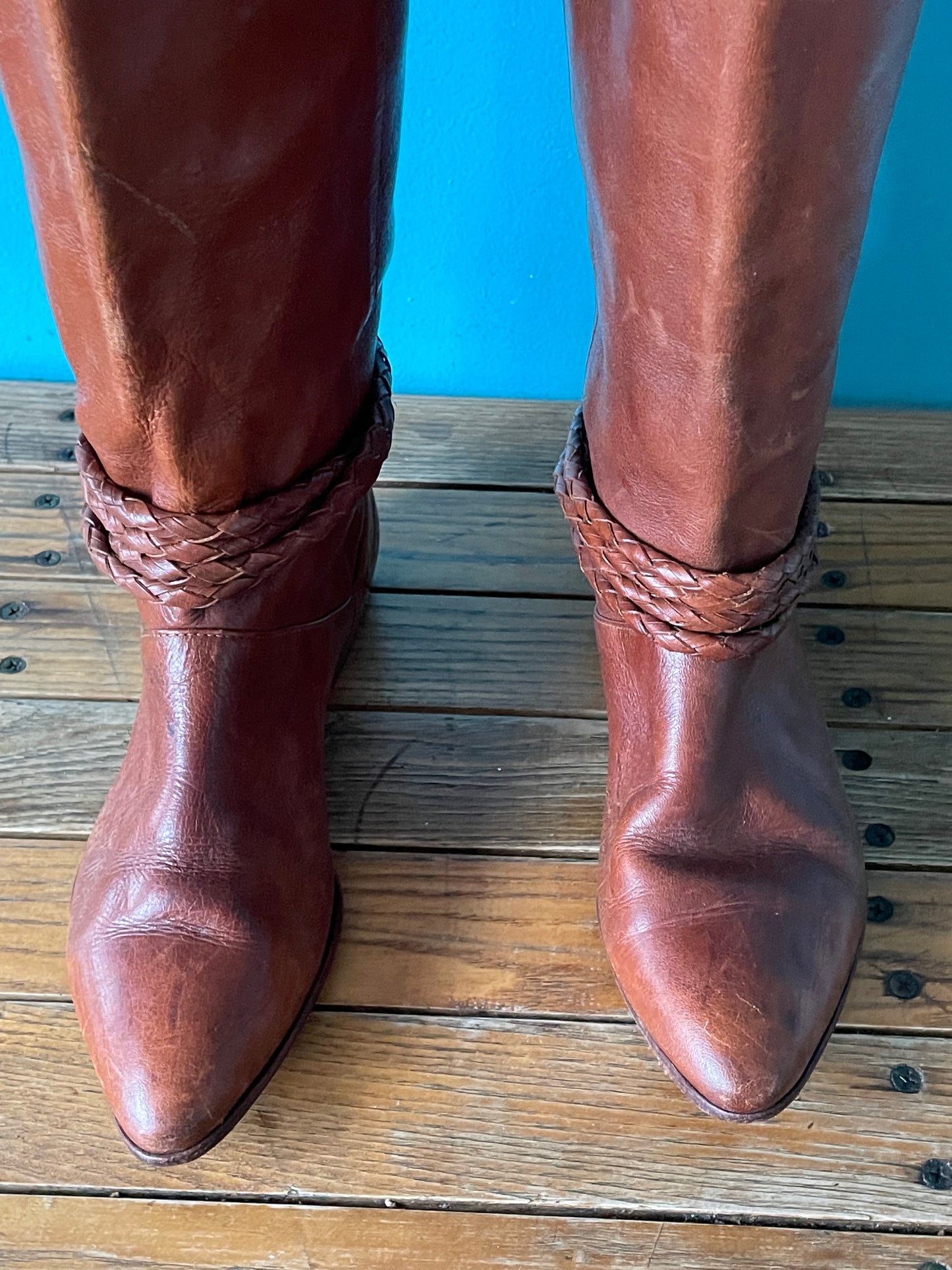 Vintage 80s Tall Leather Slouch Boots Cognac Brown Leather Campus Boots 6