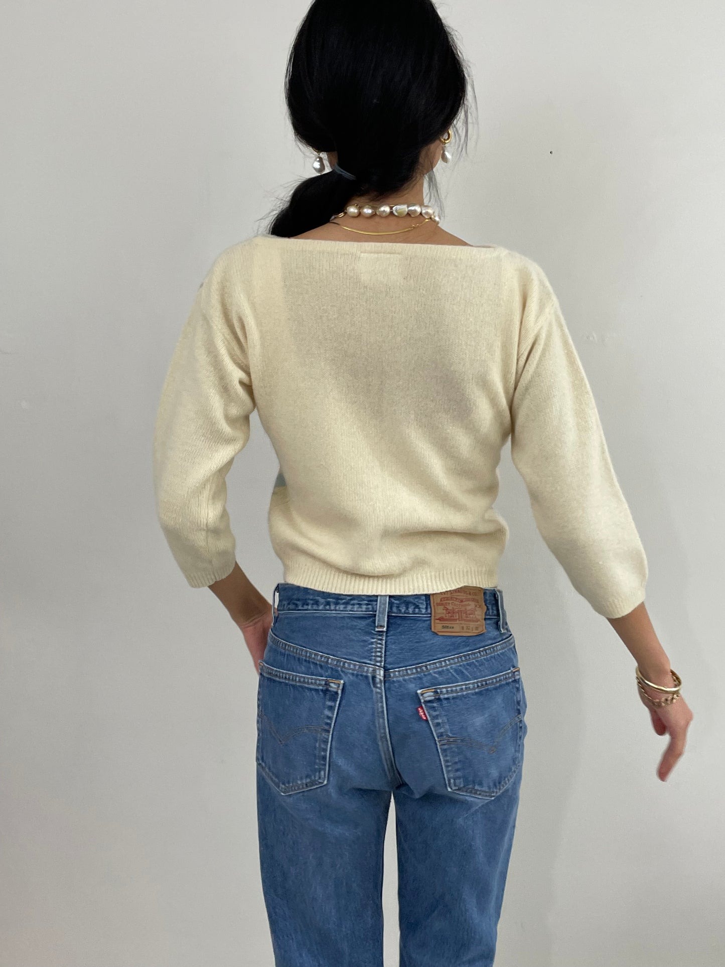 Vintage 70s Lambswool Intarsia Boatneck Cropped Sweater