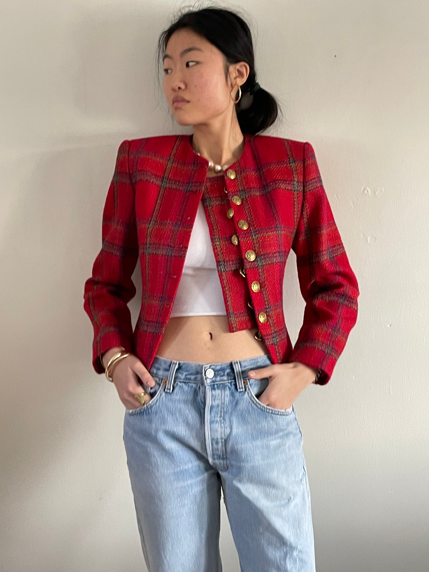 Vintage Plaid Cropped Gold Button Chain Blazer + Matching Skirt Suit Set | Vintage Ellen Tracy Red Tweed Wool Blazer Suit