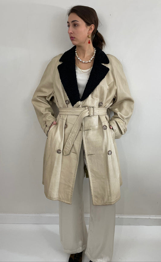 Vintage Leather Belted Trench Coat Persian Lamb Collar Menswear