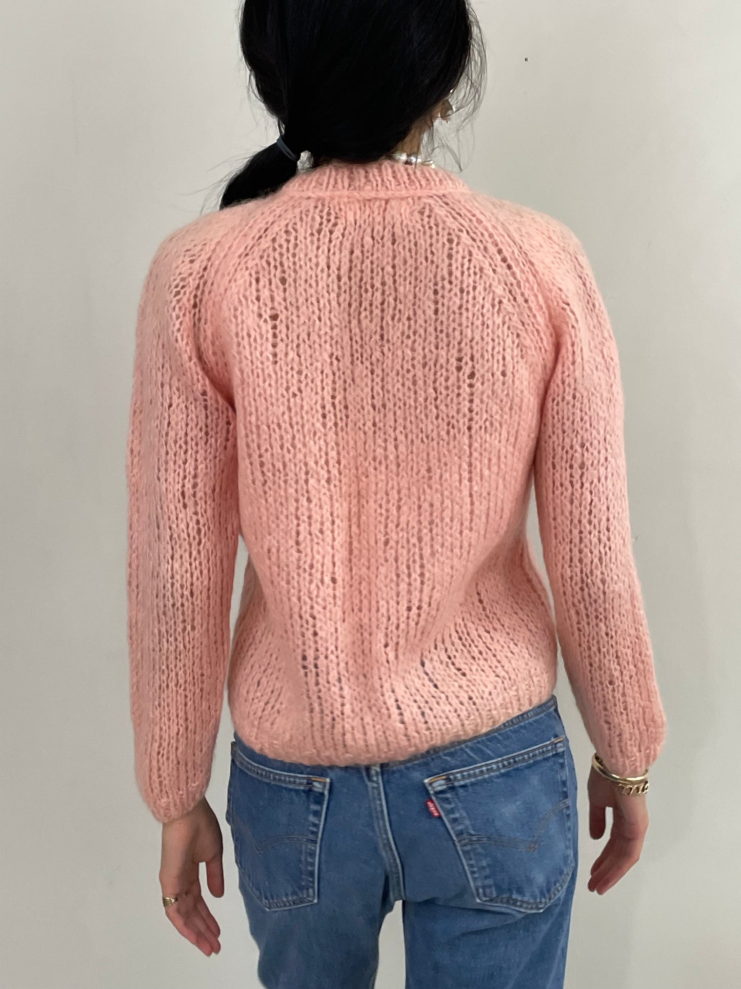 Vintage 60s Hand Knit Baby Pink Mohair Cropped Sweater M