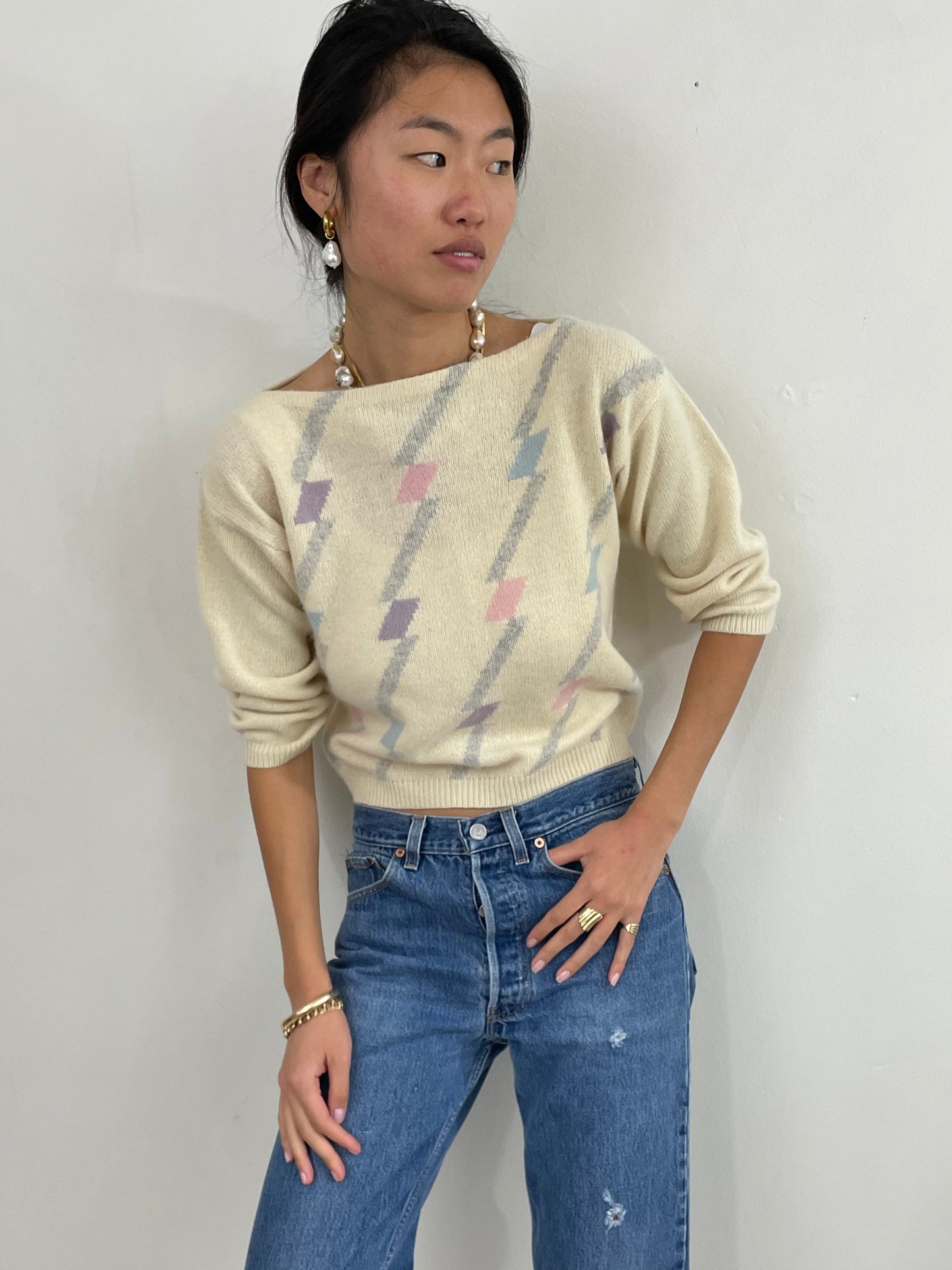 Vintage 70s Lambswool Intarsia Boatneck Cropped Sweater