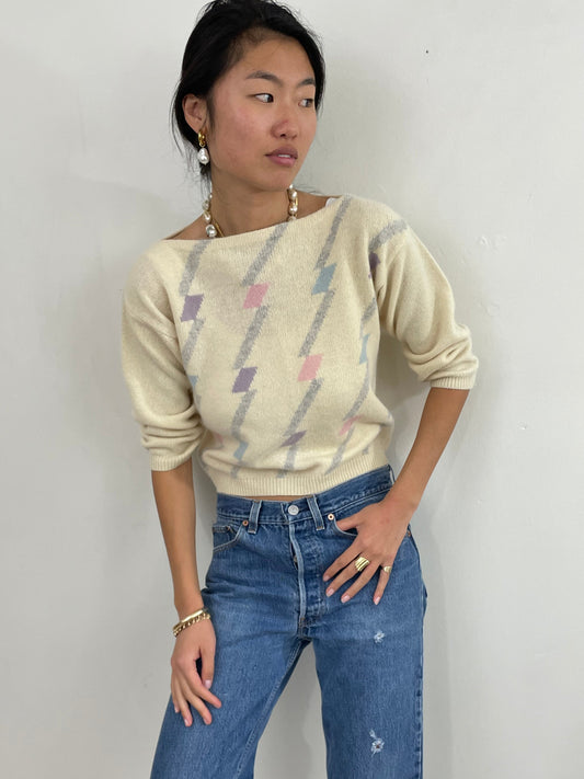 Vintage 70s Lambswool Intarsia Boatneck Cropped Sweater