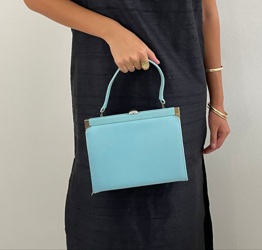 Vintage baby blue top handle 60s Thayer McNeil faux leather vinyl box purse handbag made in USA