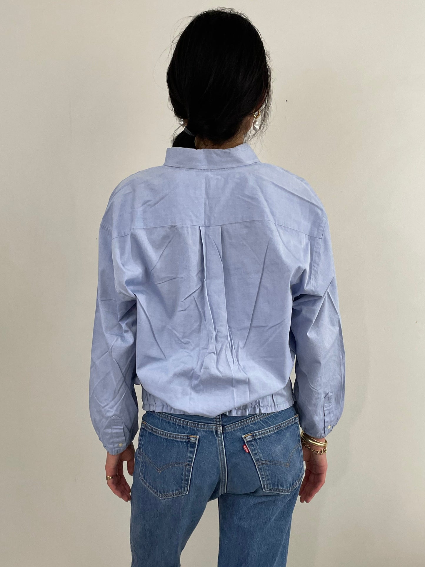 vintage 90s Ice Blue Cropped Blouson Cotton Shirt Blouse