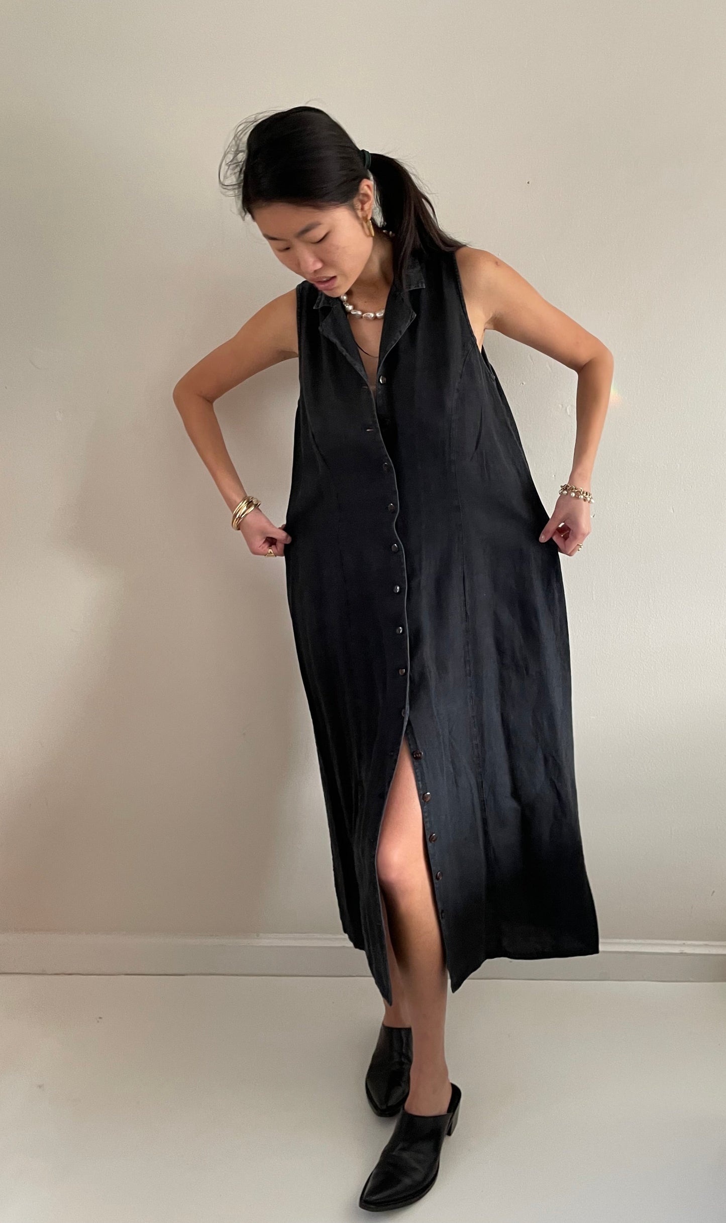 vintage 90s 100% linen black maxi sleeveless shirt dress Med