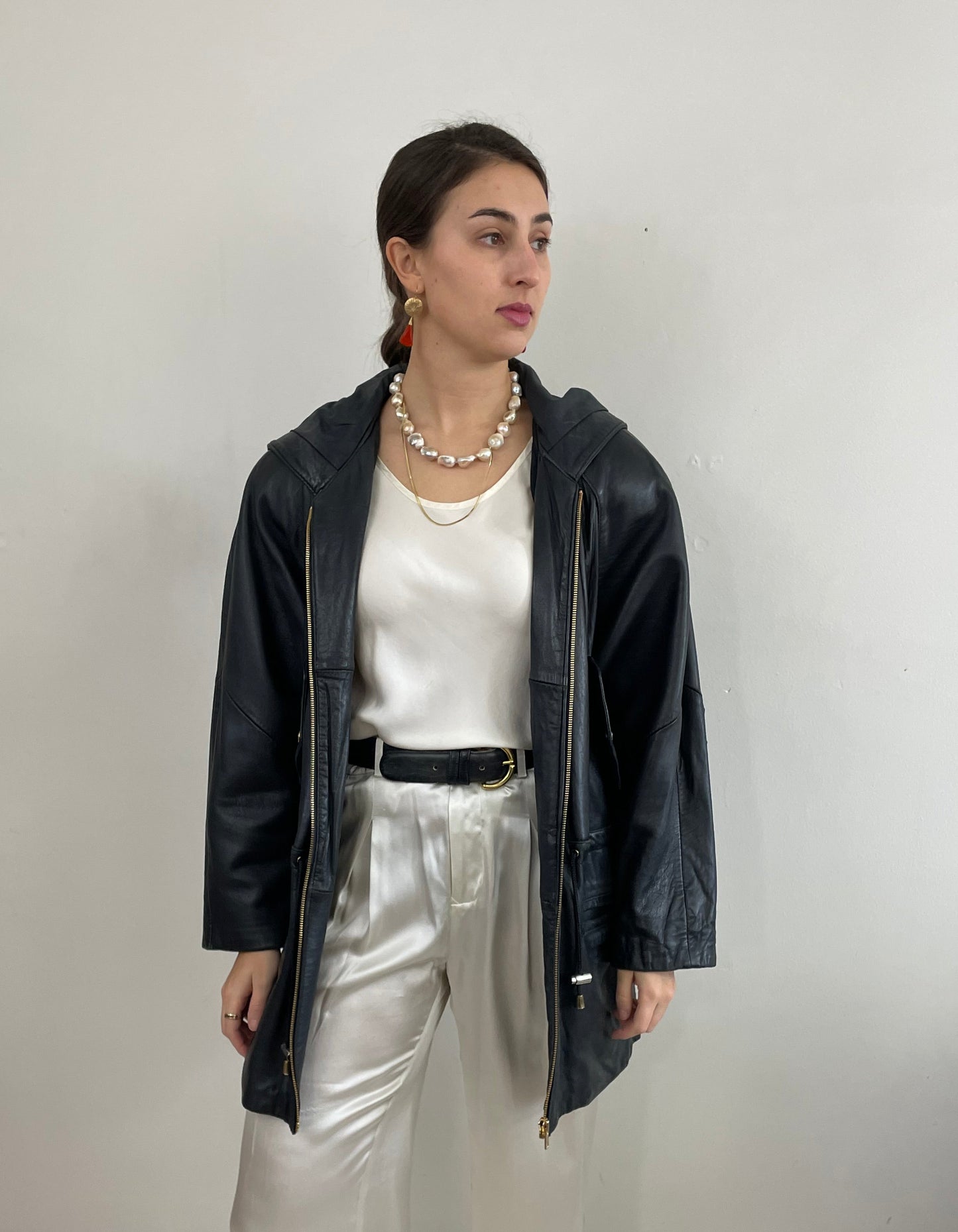 Vintage 90s Black Leather Jacket: Hooded Raglan Sleeve Zip Front Coat Medium
