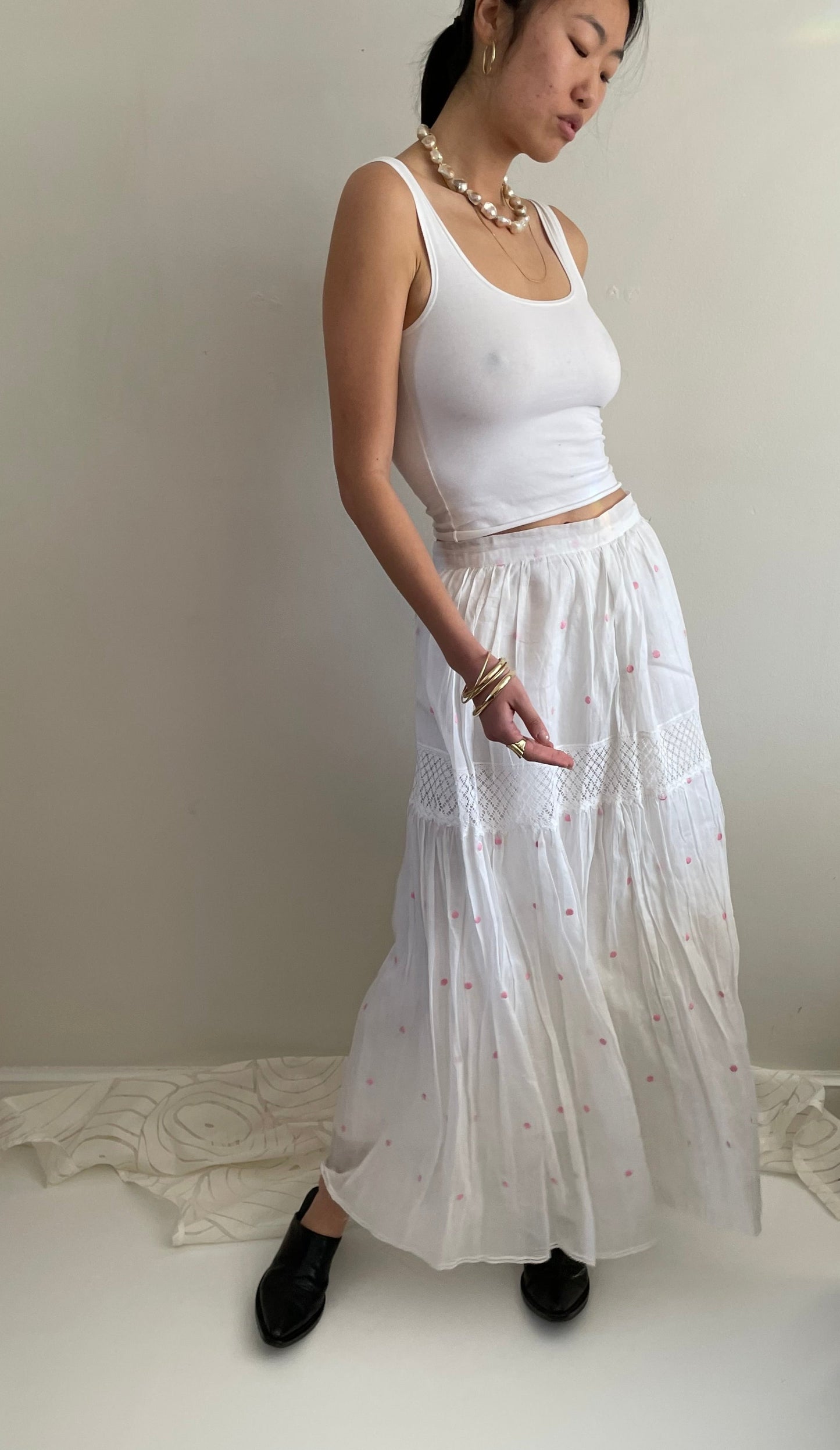 vintage white sheer cotton organza embroidered polka dot gathered maxi skirt | waist 29