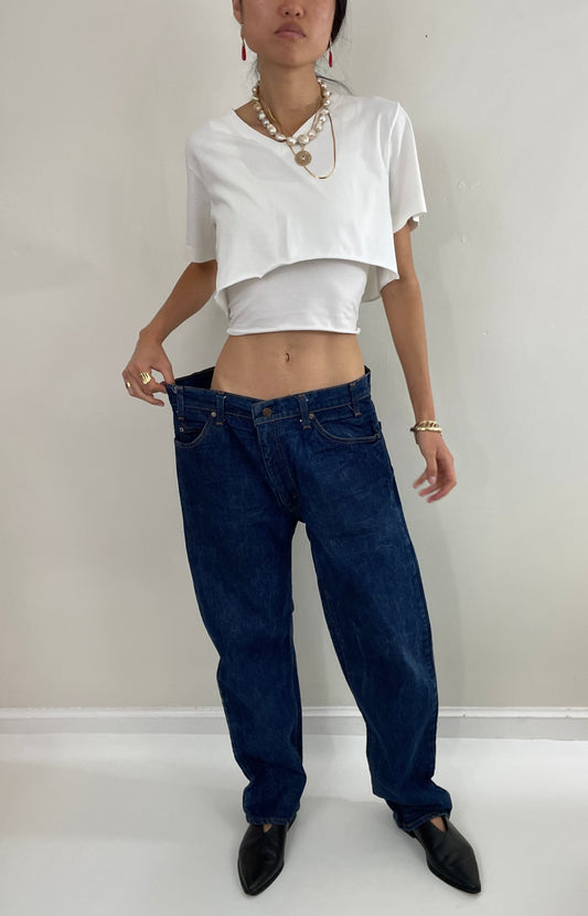 Vintage Levi's 505 orange tab dark wash shrink to fit cowboy zipper fly boyfriend 70s Levis jeans size 36 x 31
