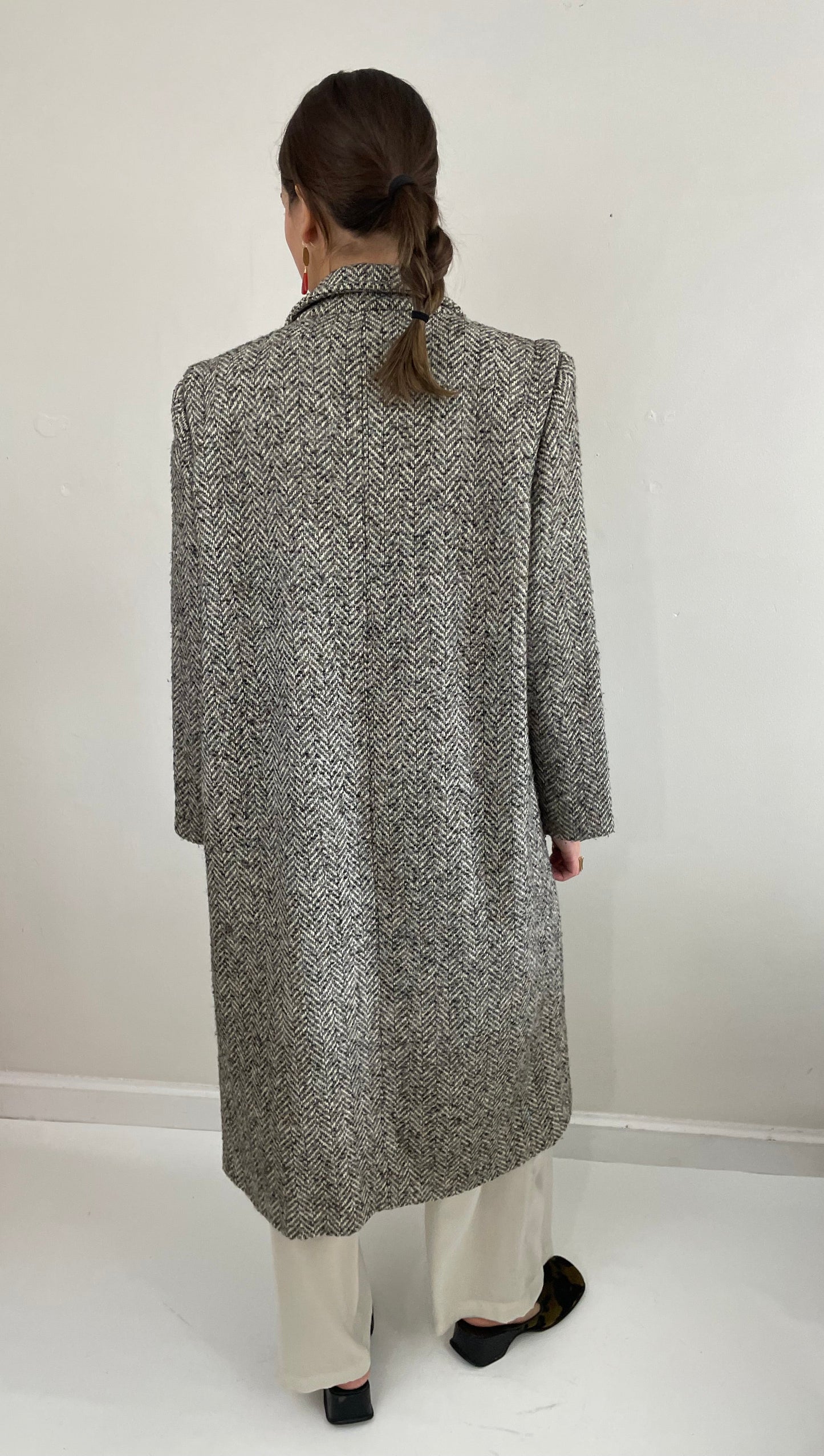 Vintage 90s Long Herringbone Tweed Double Breasted Overcoat Winter