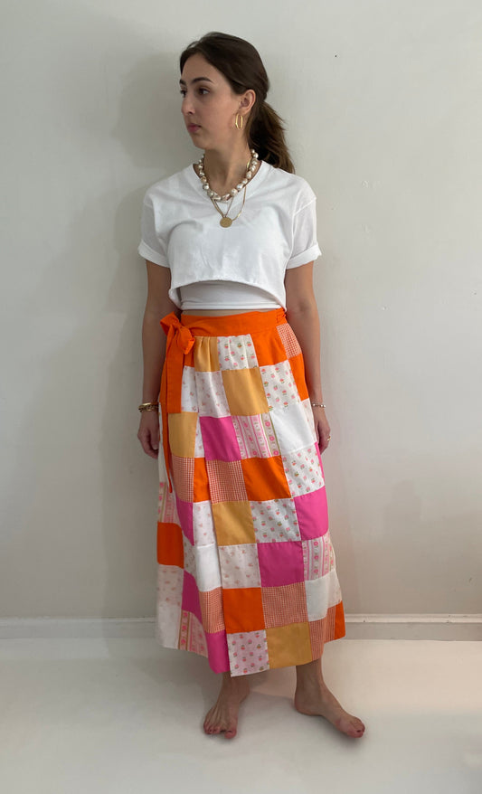 vintage 70s pink patchwork quilt handmade wrap front maxi skirt Medium