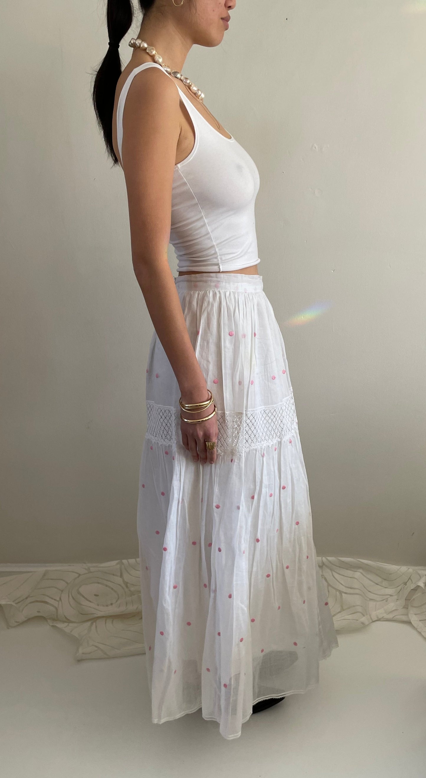 vintage white sheer cotton organza embroidered polka dot gathered maxi skirt | waist 29