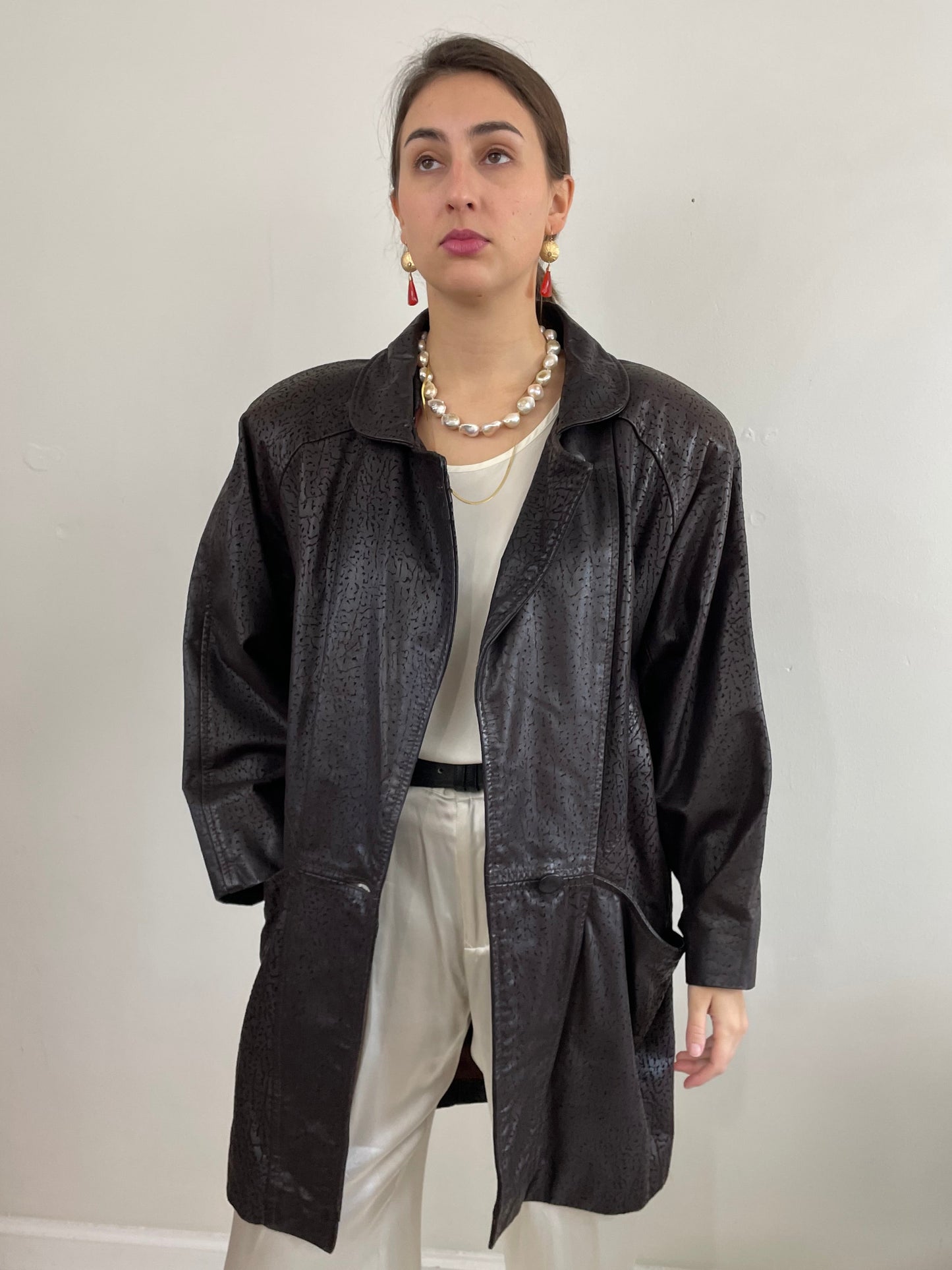 90s Embossed Leather Slouchy Brown Coat Jacket | Medium