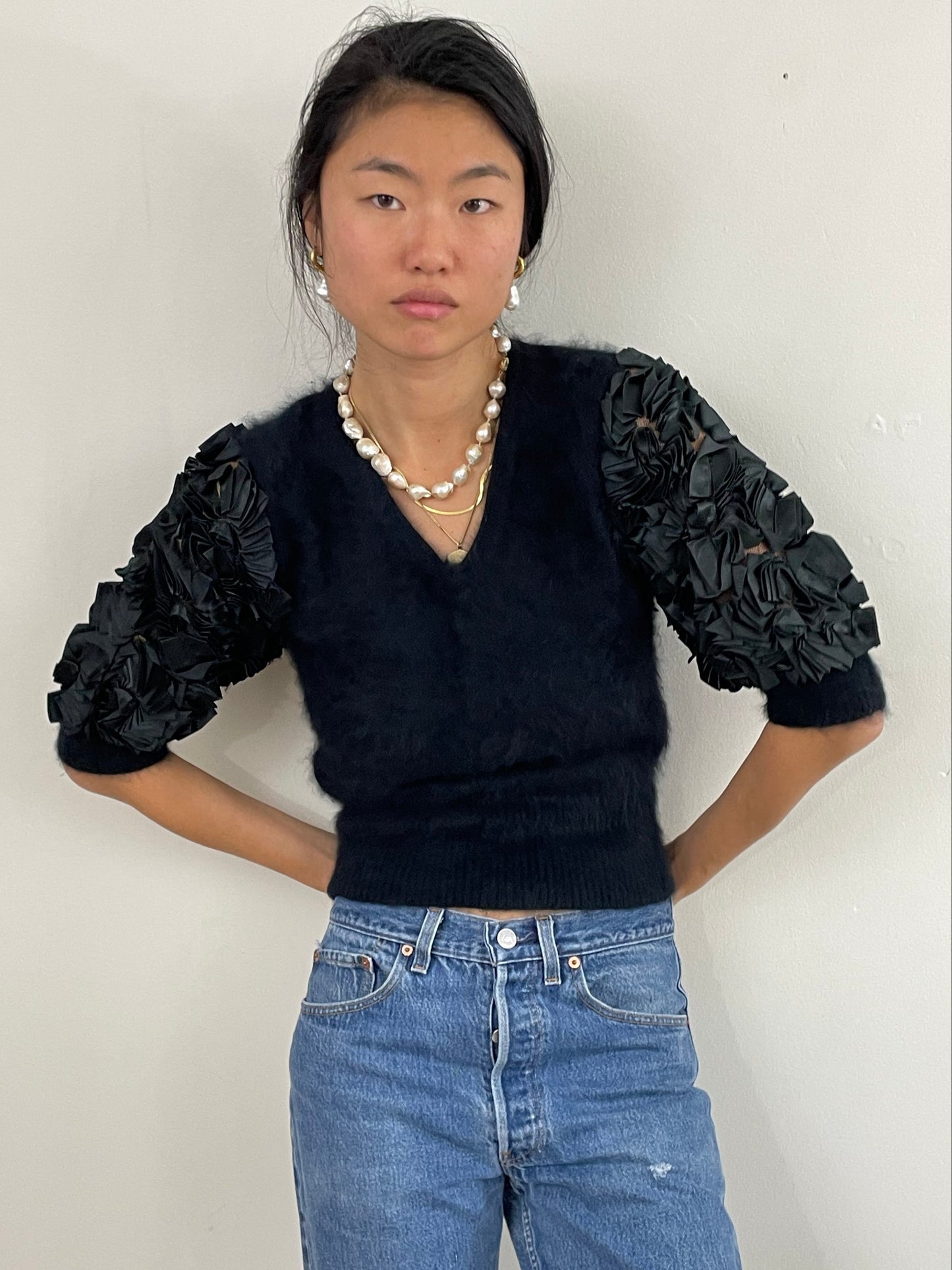 Vintage 80s Angora Puff Sleeve Black Fuzzy Sweater Med