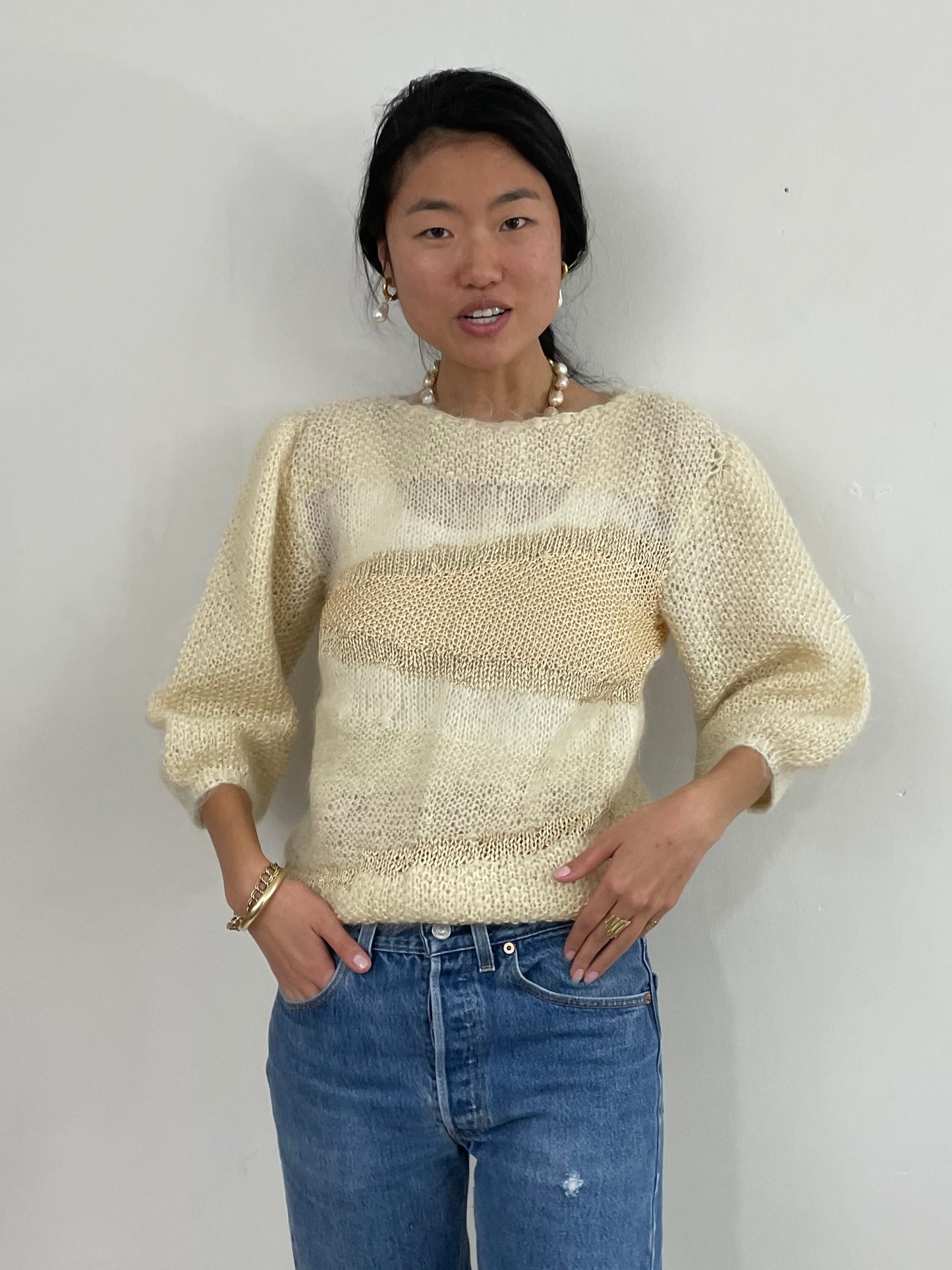 vintage 90s Handknit Mohair + Silk Ivory Fuzzy Boatneck Sweater
