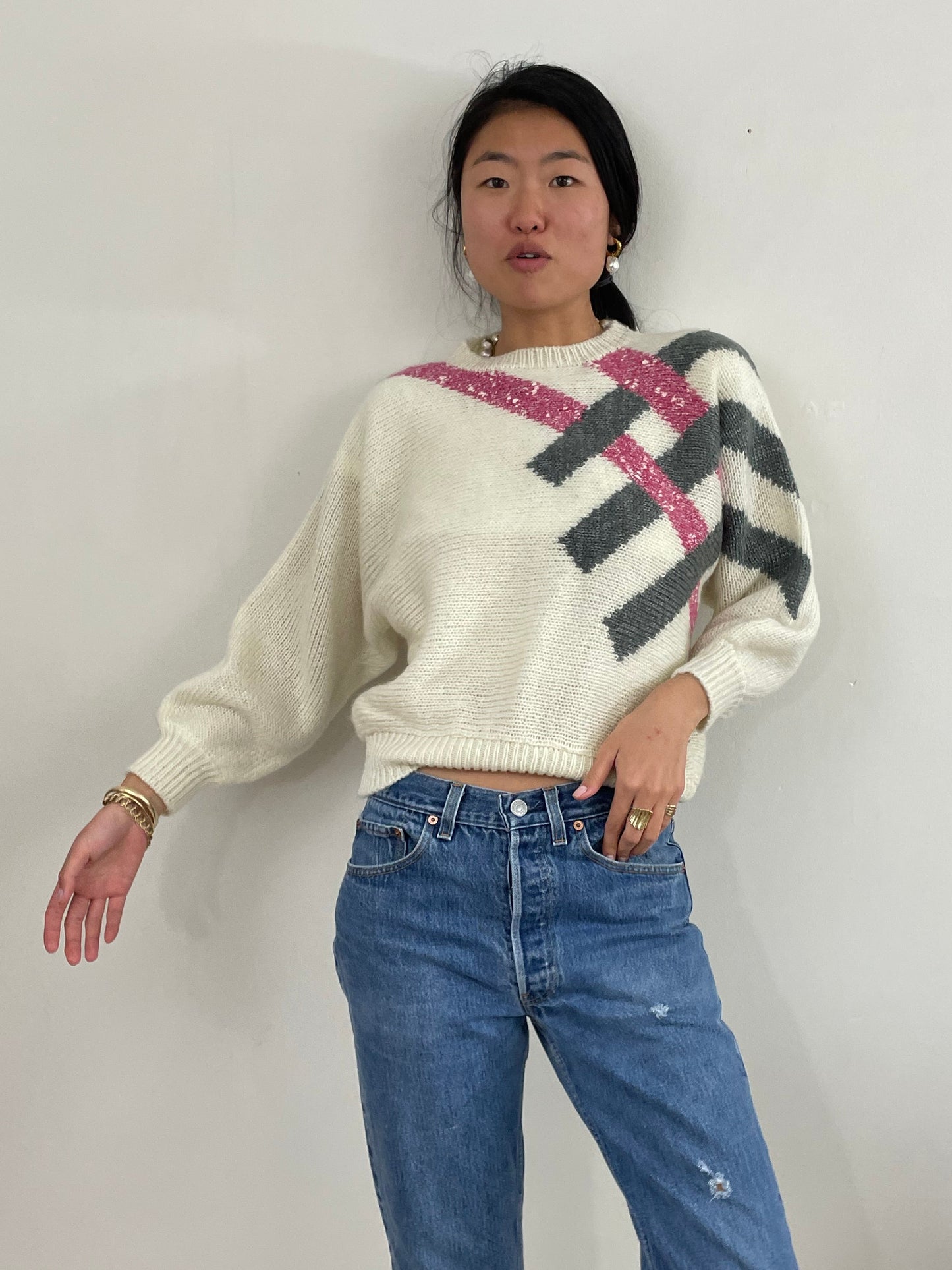 Vintage 90s Striped Batwing Acrylic Wool Blend Fuzzy Intarsia Sweater