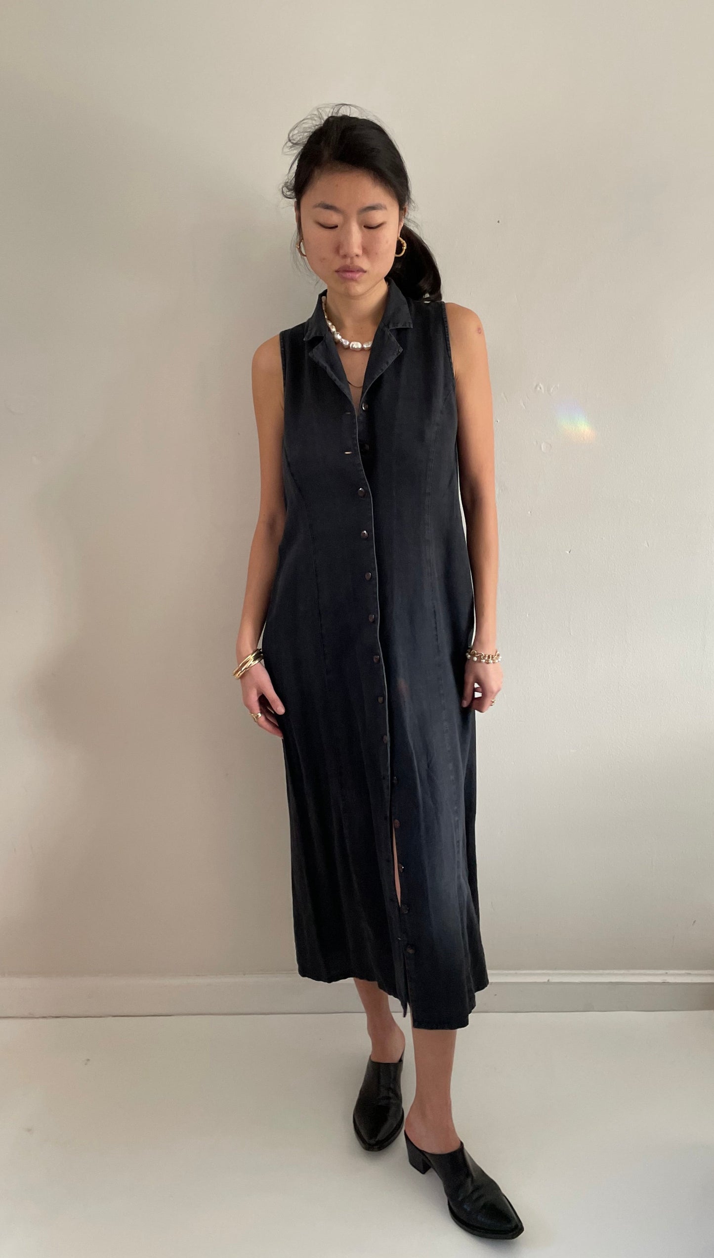 vintage 90s 100% linen black maxi sleeveless shirt dress Med