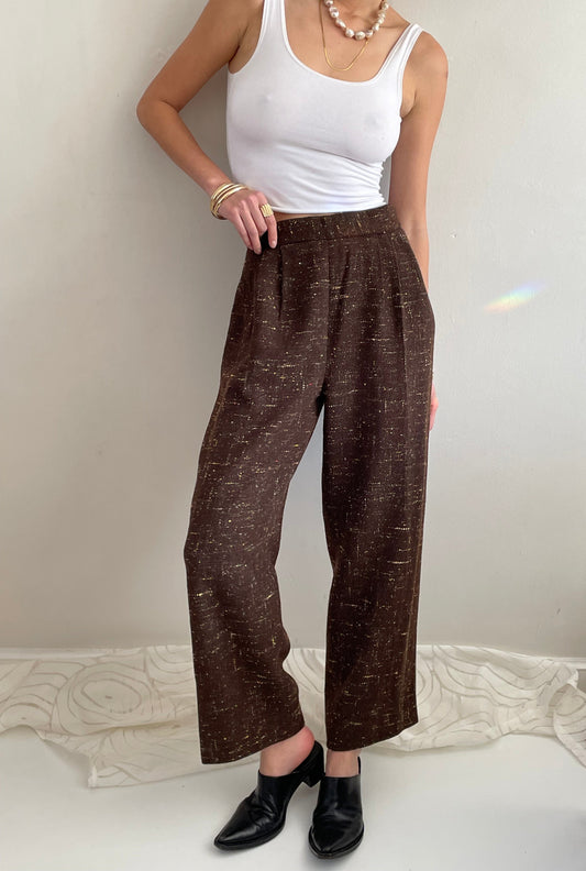 Vintage 90s Tweed Wide Leg Pleated Pants | Brown Wool Speckled Pants size 28 Waist