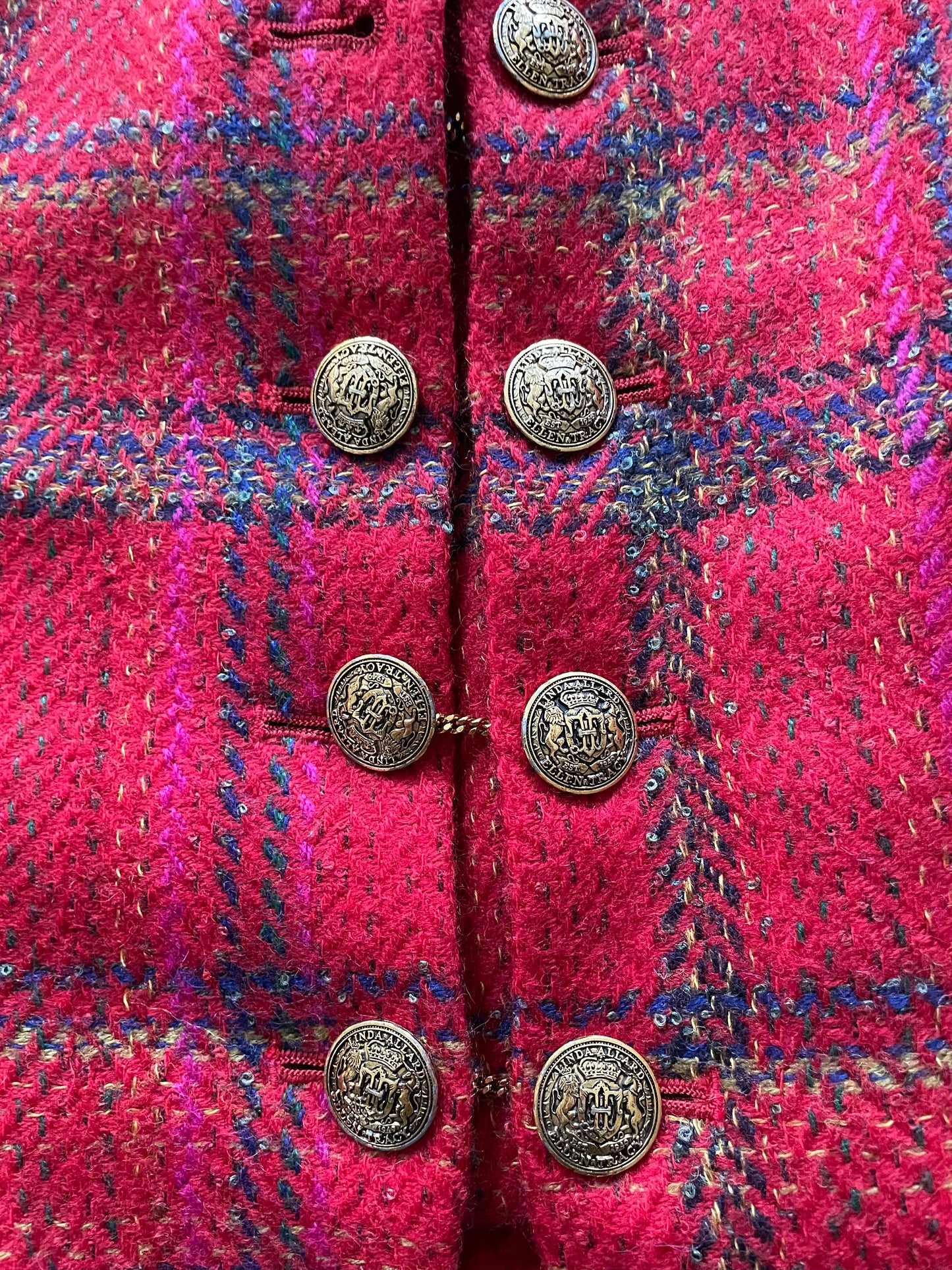 Vintage Plaid Cropped Gold Button Chain Blazer + Matching Skirt Suit Set | Vintage Ellen Tracy Red Tweed Wool Blazer Suit